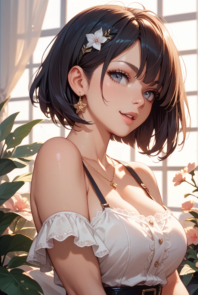 masterpiece, Disorganized, Big Tits Hinata (bolt), 1 Girl, Only the pose, Mature Woman, Mature woman in seductive lingerie, Volumizing buttocks, Outdoor, Flowering Field, Spread your legs wide, Cloudy sky background, Perfect composition, Clear and fine lips, Oversized breasts with ample cleavage, A beautiful face that melts your heart, Perfect body proportions, rosy blush (Pink Lips), A soft and melancholic gaze, Sad Smile, Ultra-Realistic Rendering, Exquisitely crafted limbs, Vivid eyes, A keenly observed nose, Ultra-realistic lips, short hair, Black Hair