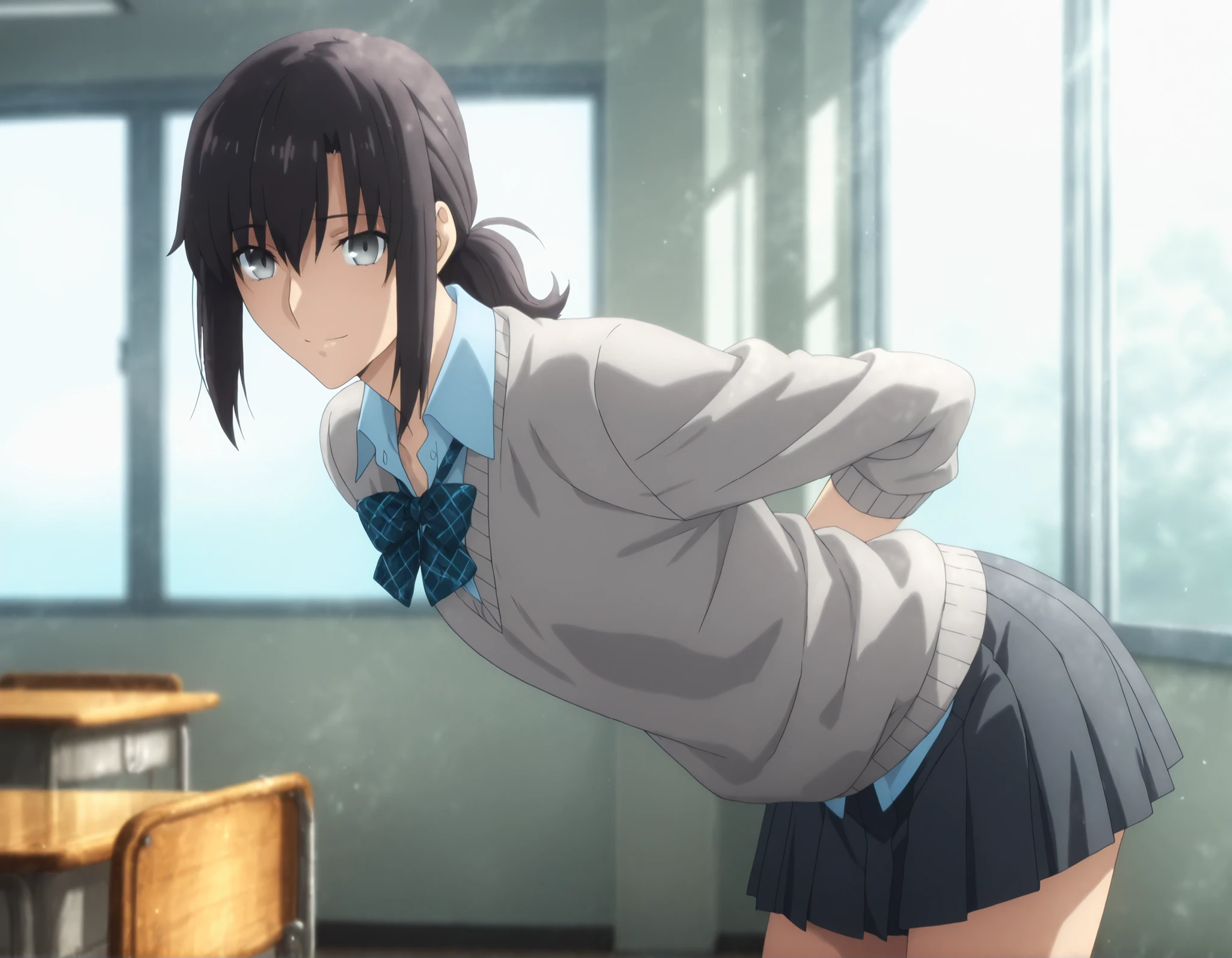 masterpiece, best quality, amazing quality, highres, absurdres, very aesthetic, high resolution, ultra detailed, perfect details, day, , indoors, ufotable style, school, (dappled sunlight), backlight, from side, cowboy shot, window,
1girl, solo, ufotable style, anime style, (anime coloring), (anime screencap) ,(aged up:1.5), bent over, arms behind back,
girl, slim body, slender body, ,Fate Grand Order, fate, Fate Grand Order, (ToukoAozaki), medium hair, (straight hair, low ponytail), light gray eyes, black hair, light skin, very light blue shirt, (dark gray sweater), plaid neck bow ,long pleated skirt,(flat chest), looking at viewer, , very light skin, light smile,