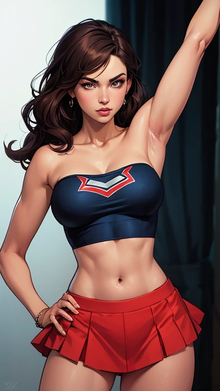 wmma, luvas sem dedos, mulher loira sexy, midriff, tonalizado, luzes de palco, cerca, (foco nítido:1.2), retrato, ((posando)), (rosto bonito:1.1), olhos azuis brilhantes detalhados, lush lips, Wearing Superman symbol on chest, ((skindentation)), (bright studio lighting:1.2), profundidade de campo, bokeh, 4K, HD