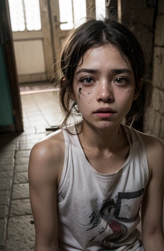 ((Photorealistic)), RAW Candid Cinema, 16mm, color grading portra 400 film, Outstanding colors, Ultra-realistic, Filmed with a cinematic camera, Detailed skin texture, Subsurface Scattering、 (((Poor refugee cute girl)))、 Best Quality, Very dark underground slums, (Prison Cell),、　(((Full nudity)))、(Detailed eyes)、((No makeup))、、(Real Face))、((No makeup))、(((cry)))、((((Skinny, boyish body))))、(((Get angry)))、(The bombed room)　Uniform skin color、((Disheveled Hair))　((Shot from above the bed))　((Close-up)) 　Black Background　　((Short Hair))　Beautiful girl　　beautiful　((Lift your hips and spread your legs to show your private parts)))　((lie down)))　