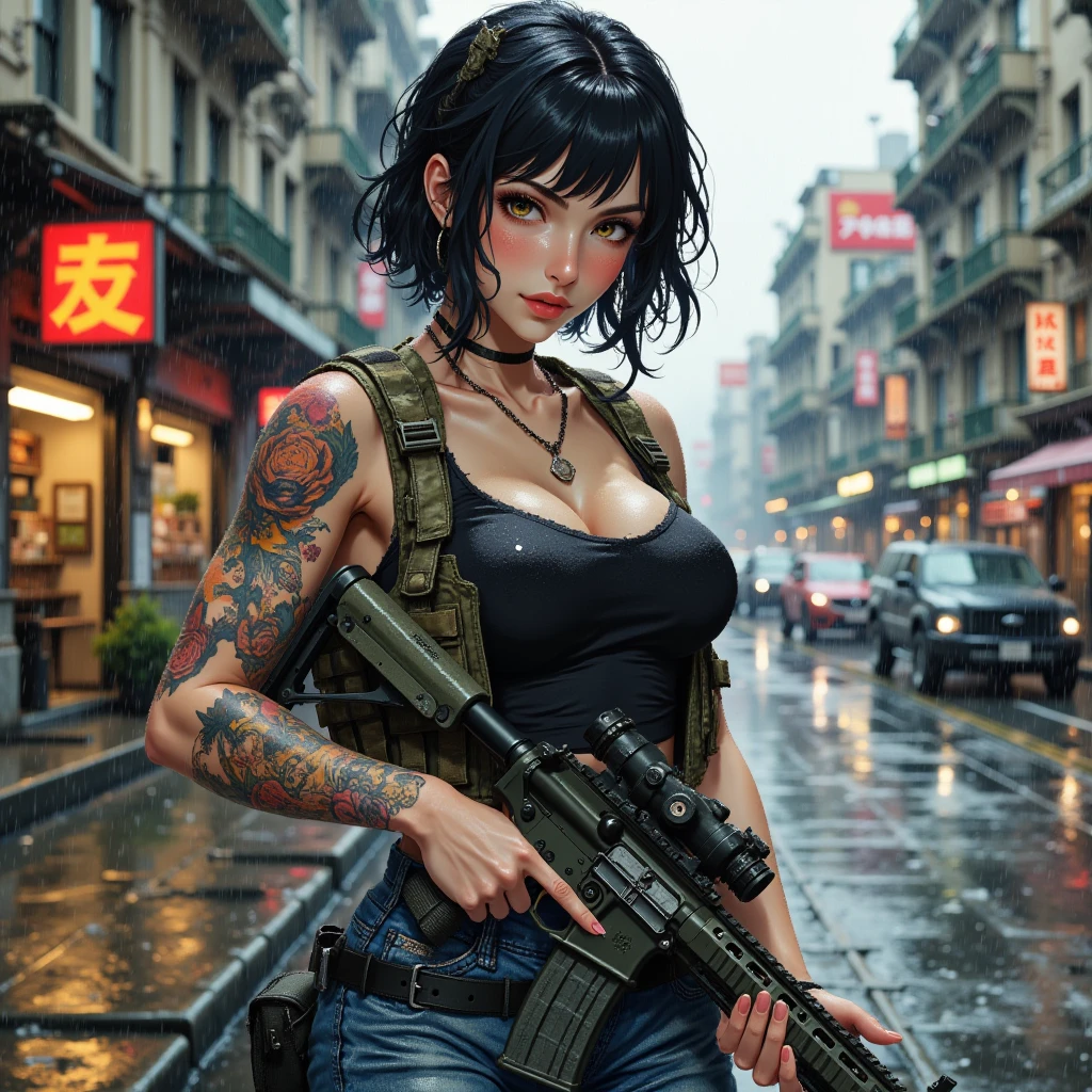 Japanese woman with yakuza tattoos wearing a tank top and military pants with a katana on a belt smoking in the street while it rains