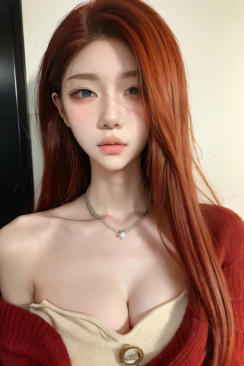 Top quality,chuckle-smile, shirtless,nsfw, on bed, (breast squeeze:1.3),orange hair