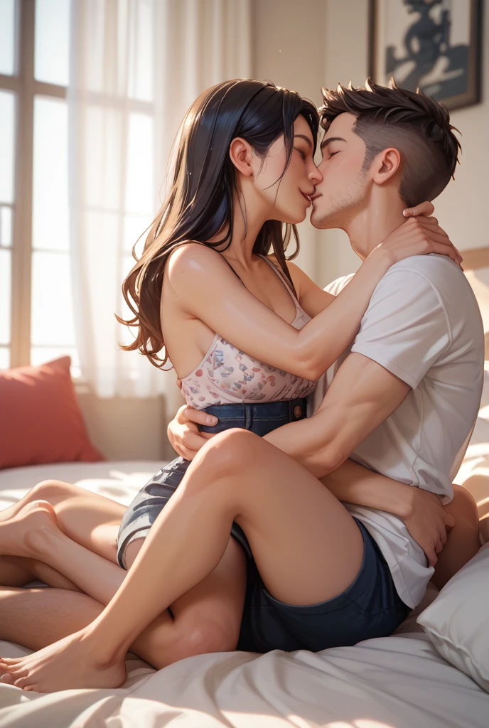 Amazing portrait of a young woman wearing white and orange striped t shirt and orange shorts and young boy wearing a navy blue t shirt and black shorts sitting on a bed together and kissing and making out passionately in a sexy and hot and lustful setting