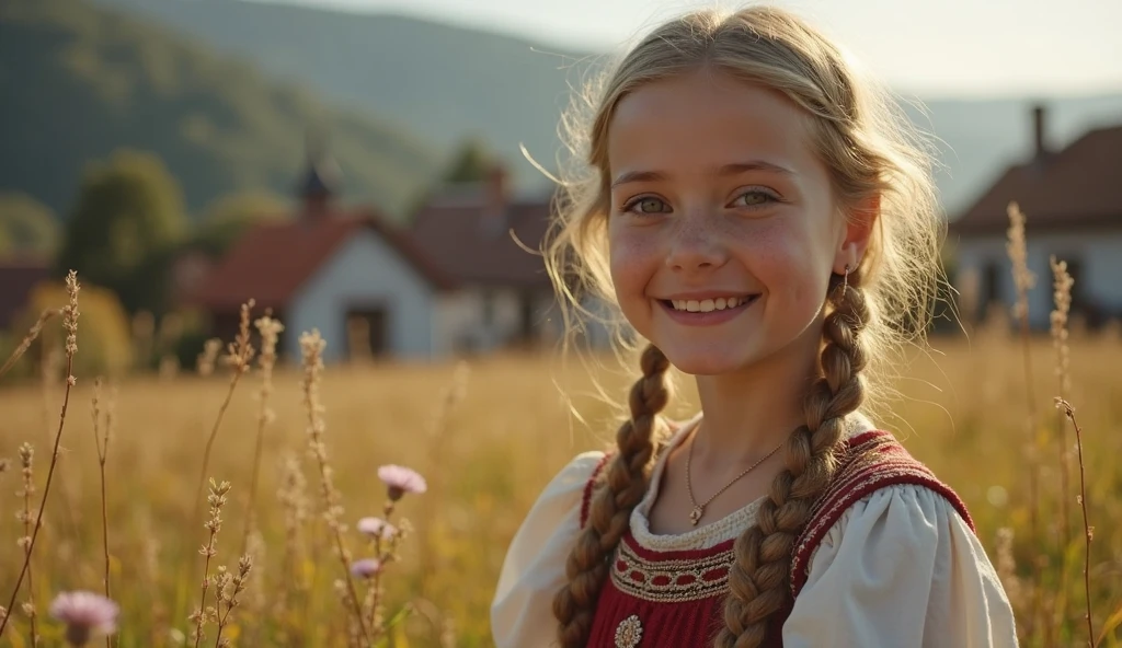 Young girl, 10 years old, looking at the camera with a slight smile. He hair is blond, short to her shoulders and she is wearing a red and white dress from medieval times. The background is a beautiful garden at sunset with the sun setting. Setting: Medieval era