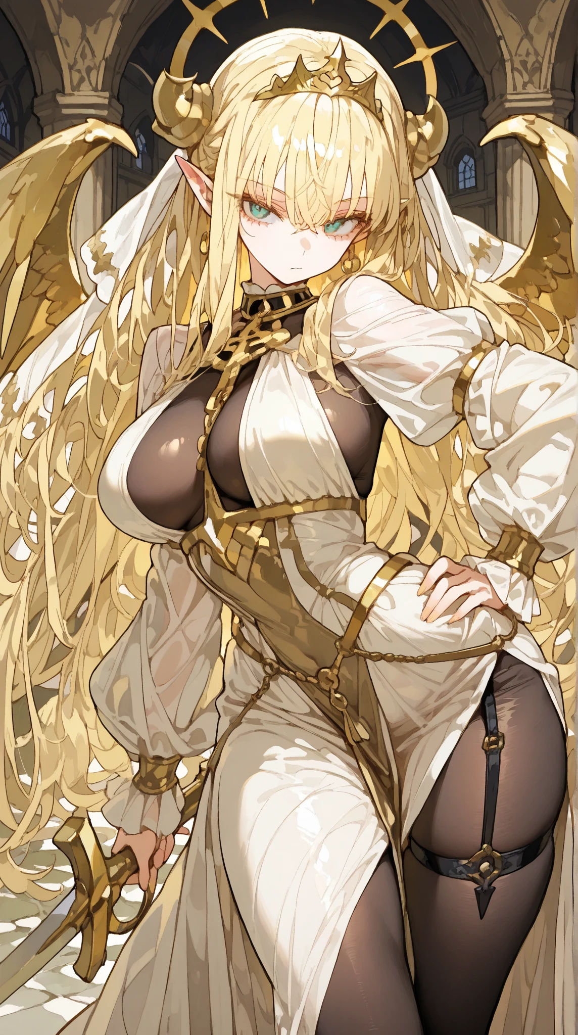(extremely fine and beautiful:1.1), (perfect details:1.1), (finely detailed eyes and detailed face:1.3), blonde, blue eyes, necktie, hair ribbon, gloves, belt, skirt, detached sleeves, grey pantyhose, masterpiece, best quality, 1girl, stocking, voluptuous, huge breasts, nipples, solo, pov, lying, shy, naughty face