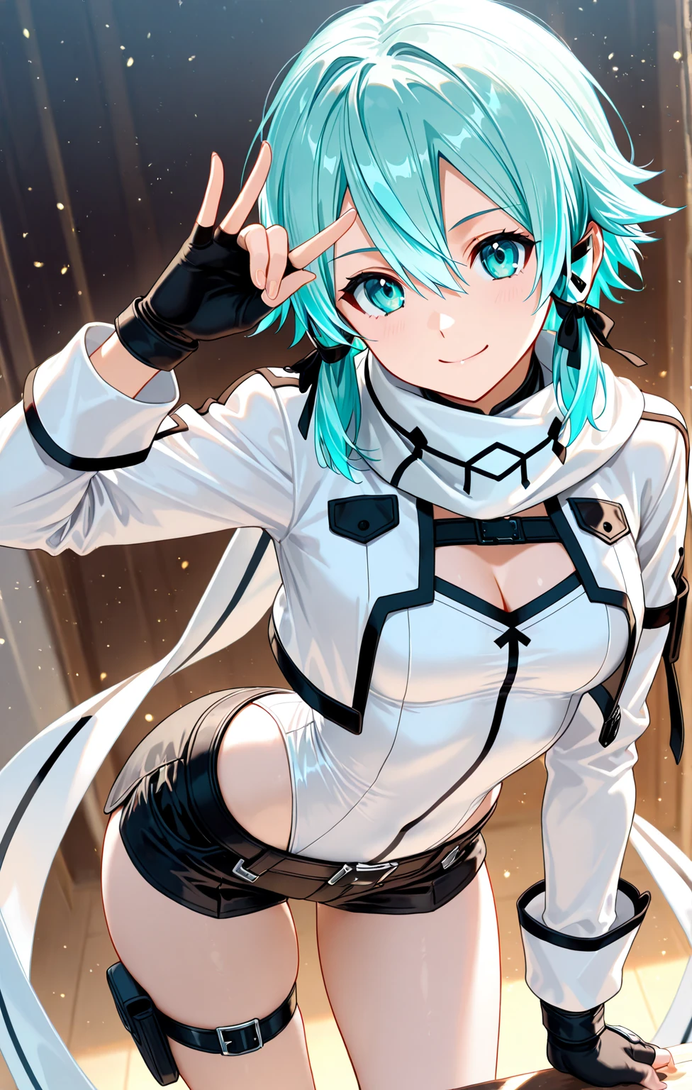 by glutton, best quality, masterpiece, pseudo impasto, hatsune miku, racing miku, 1girl, solo, long hair, very long hair, holding, bodysuit, twintails, flag, thighhighs, gloves, black bodysuit, holding flag, aqua hair, single thighhigh, aqua eyes, looking at viewer, absurdly long hair, jacket, full body, simple background, white jacket, cropped jacket, two-tone gloves, boots, long sleeves, bangs, smile, hair between eyes, pole, thigh boots, asymmetrical legwear, white background, green gloves, black gloves, smiley face, grey background, closed mouth