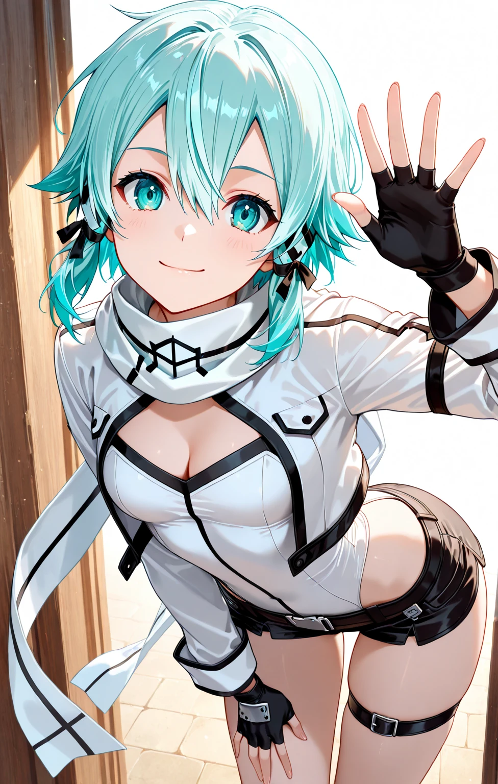 Girl seen from the floor, It's okay to wear a skirt, View from below, I can see my panties, small breasts, ((Very detailed)), (Perfectly detailed face), short hair, Green Hair, blue eyes, mecha headgear, elbow gloves, (Highly detailed hands), Photorealistic images,White panty,up skirt,Lace panties,Not looking at the camera,Thin panties