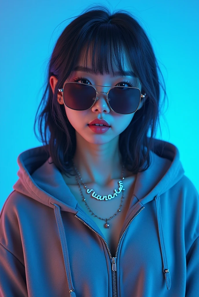 General Raiden, Purple Hair, Purple eyes, Girl wearing trendy orange sunglasses , Orange background, Portraiture
