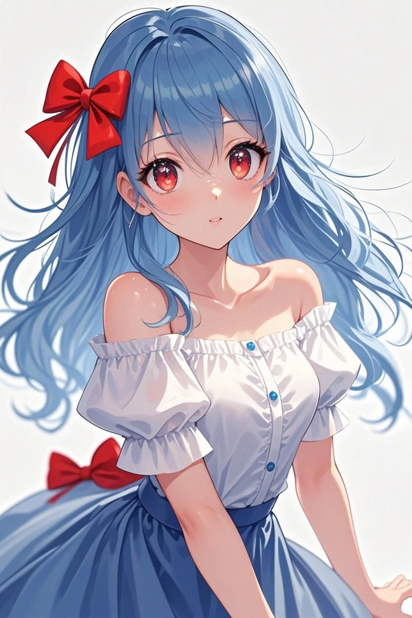 A girl with blue hair and red eyes