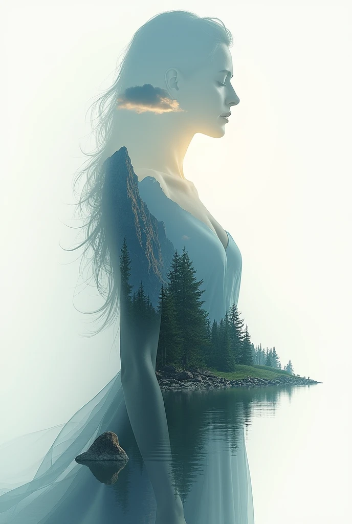 high quality, 8K Ultra HD, A beautiful double exposure that combines an goddess silhouette with sunset coast, sunset coast should serve as the underlying backdrop, with its details incorporated into the goddess , crisp lines, The background is monochrome, sharp focus, double exposure, awesome full color,