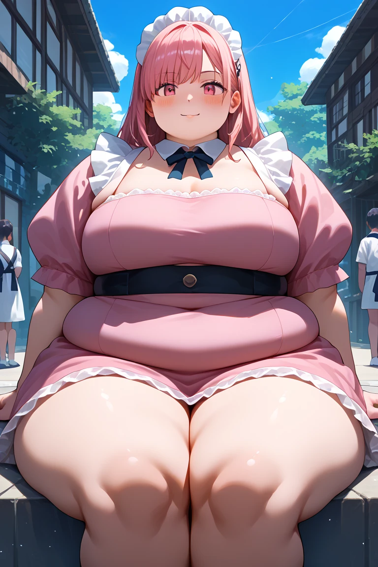 (masterpiece, best quality, highres, absurdres), 1girl, big belly, chubby arms, thighs, art by kipteitei, takebadef, uniform, pink cardigan, bow, skirt, choker, earrings, chubby, embarrassed, flushed, sitting down with legs together, poking belly, tight shirt