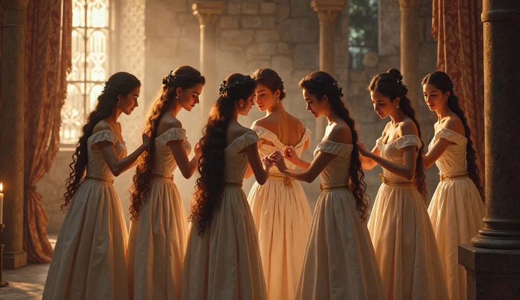 an image of European women fanning themselves in the Middle Ages