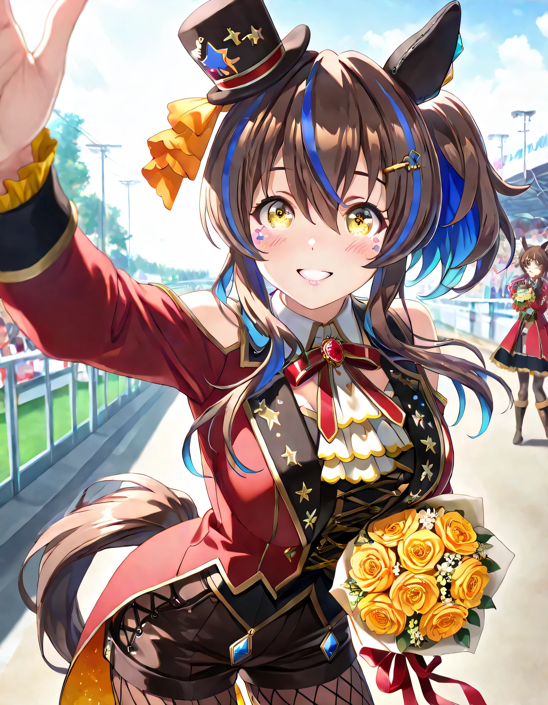 ((ultra-detailed)), (highly detailed CG illustration), (best quality:1.2), ultra-highly detailed, colorful composition, artistic photoshoot, 1girl, solo focus, thigh to top:1.2, cowboy shot:1.2, moe anime character, girl, dainty facial structure, round face, rounded chin:1.2, short height, da1takujoy, horse tail, streaked hair, colored inner hair, gradient hair, brown hair, blue hair, hair between eyes, black headwear, mini top hat, horse ears, ear covers, yellow eyes, red coat, open coat, long sleeves, neck ribbon, red ribbon, brooch, red gemstone, white ascot, brown vest, brown shorts, fishnet pantyhose, thigh boots, (holding a colorful big bouquet:1.3), gentle smile:1.3, happy:1.2, joyful:1.2, blush:1.3, standing in the racetrack:1.3, from front, dynamic pose:0.5, contrapposto pose:1.3, best quality, expecting, pink cheek, blush, pink lips, portrait, depth of field, sparkling sunlight, lighting, backlighting, shine, lighting, caustics, ray tracing, perfect face, lustrous skin, highly detailed face, highly detailed eyes, perfect face, perfect nose, perfect hair, perfect eyes, perfect anatomy, beautiful hair, beautiful small face, extremely detailed face, beautiful detailed eyes, beautiful clavicle, beautiful body, beautiful ample breasts, leavage, breasts squeezed together, equalize the size of the left and right breasts, beautiful thin thighs, beautiful legs, beautiful fingers, (4 fingers), 1 thumb, lovely, (very detailed background:1.0), (highly detailed background:1.0), joyful aesthetic, intricate details, festival atmosphere, joyful colors palette, chromatic aberration