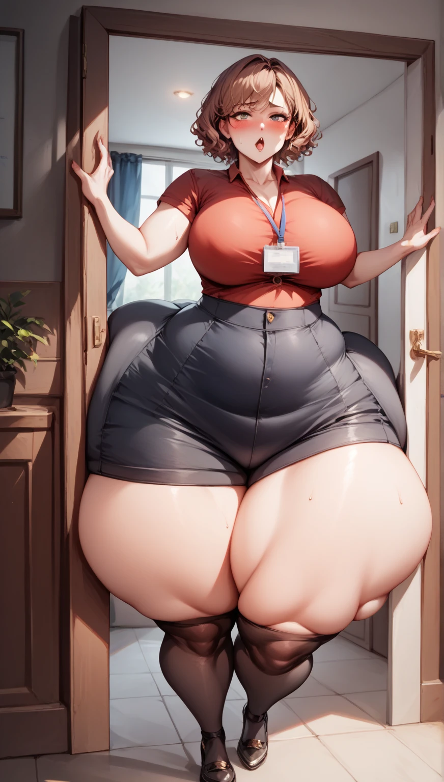 (best quality), big head, (amane suzuha with gigantic breasts:1.3) in a casual outfit at work office, Huge Baby Bump pregnant, Huge pregnant Belly, Huge Pregnant girl, Largest Belly of Pregnant, Huge Pregnancy, Huge 9 months Pregnancy Belly