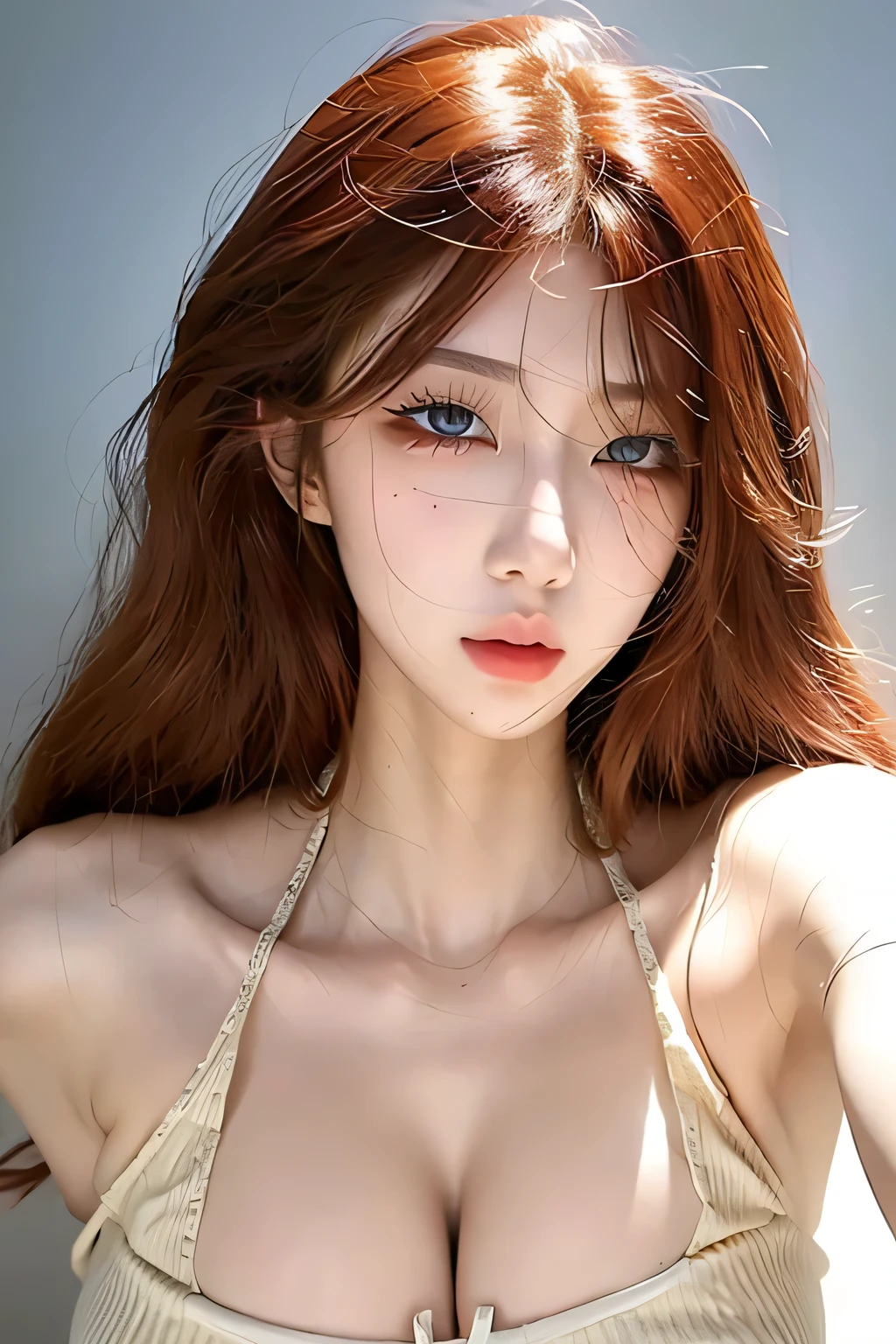 Make a beautiful young girl woman 18 years old sexy model beautiful perfect blue eyes, straight hair, brown hair mixed fox, hybrid fox, tail, hair, ears, human body human fox, cute Wearing red bikini, standing taking selfie fox woman fox girl