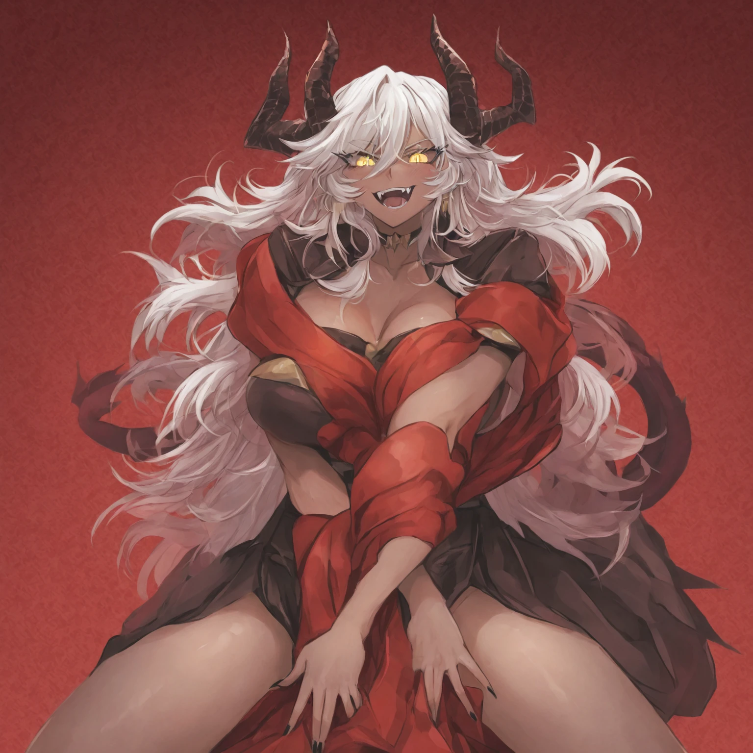 ((Highest quality)), ((masterpiece)), (detailed), (Perfect Face)、The woman in the Hannya costume is Yuuki Asuna, with light brown, semi-long hair and a Hannya mask covering her entire face, and her whole body is pure white skin.、The woman is in the state of Hannya in both body and mind, and her face is completely Hannya.、The woman is wearing a sexy, alluring, and provocative bridal gown and is adorned with accessories.、The woman is embracing, kissing and having sex with the leader of the Prajna Party.、The woman became the wife of the leader of the Prajna Party and the couple became a loving couple.