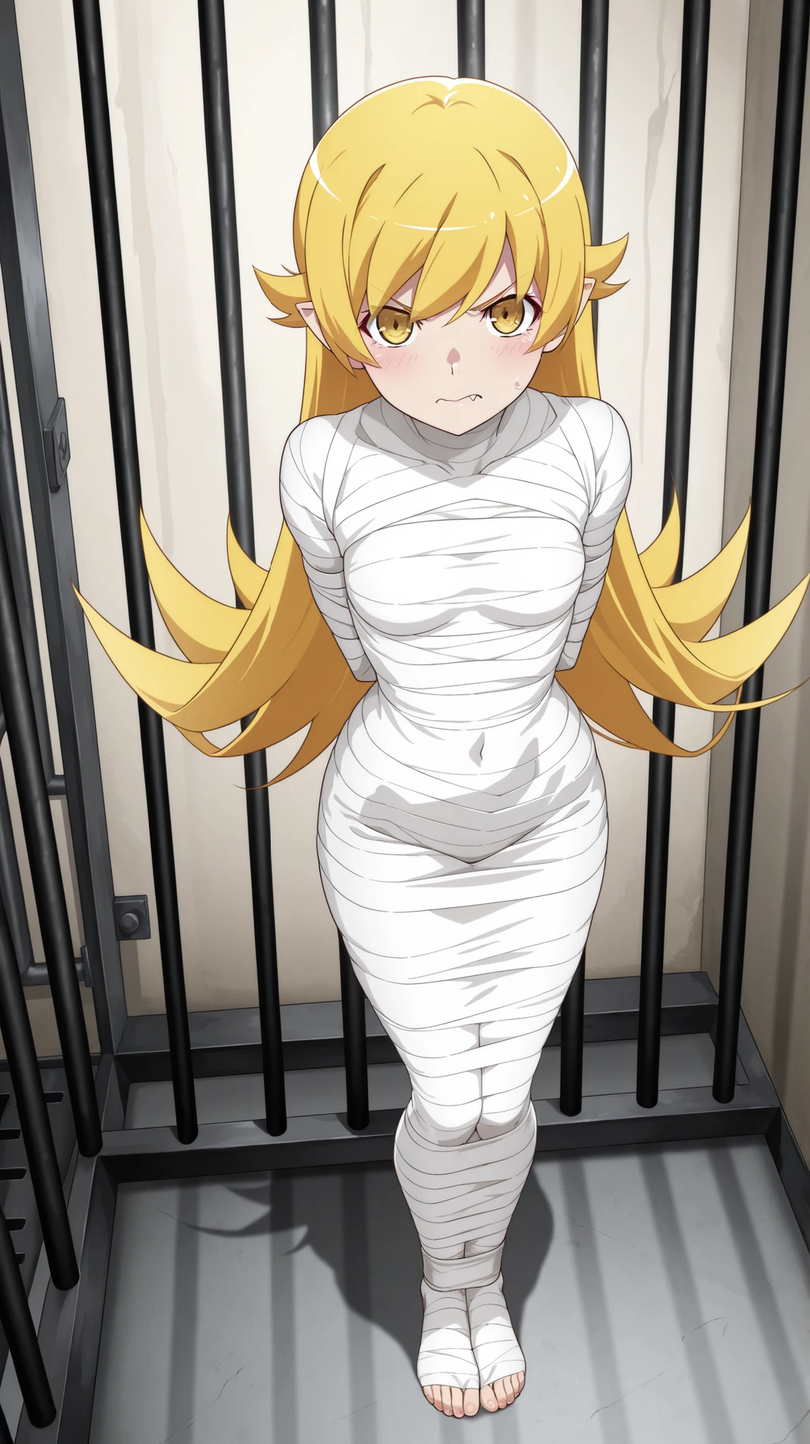 ,Monogatari Seriesoshino_shinobu, oshino shinobu, blonde hair, very long hair, yellow eyes, fang, pointy ears,
,White bandage,All White tape,Mummification Bondage of White,White mummy,White mummification,White mummified,feet together,bondage,wrappedupgirl,Arms behind the body,Arm Mummification,
,Arms are pressed against the back,There is no space between the body and the arms,Hands behind the body,
,(masterpiece, best quality),anime style,beautiful girl,high resolution,vivid colors, extremely detailed,Ultra detail: 1.3,Vibrant colors,anime screenshot,
,A prison cell in the background,Prison, Jail,
,1girl,solo,,Angry face,
,Whole full body,full body in frame,,face visible,,close-up,face focus,
,looking at viewer, direct eye contact,turned head,