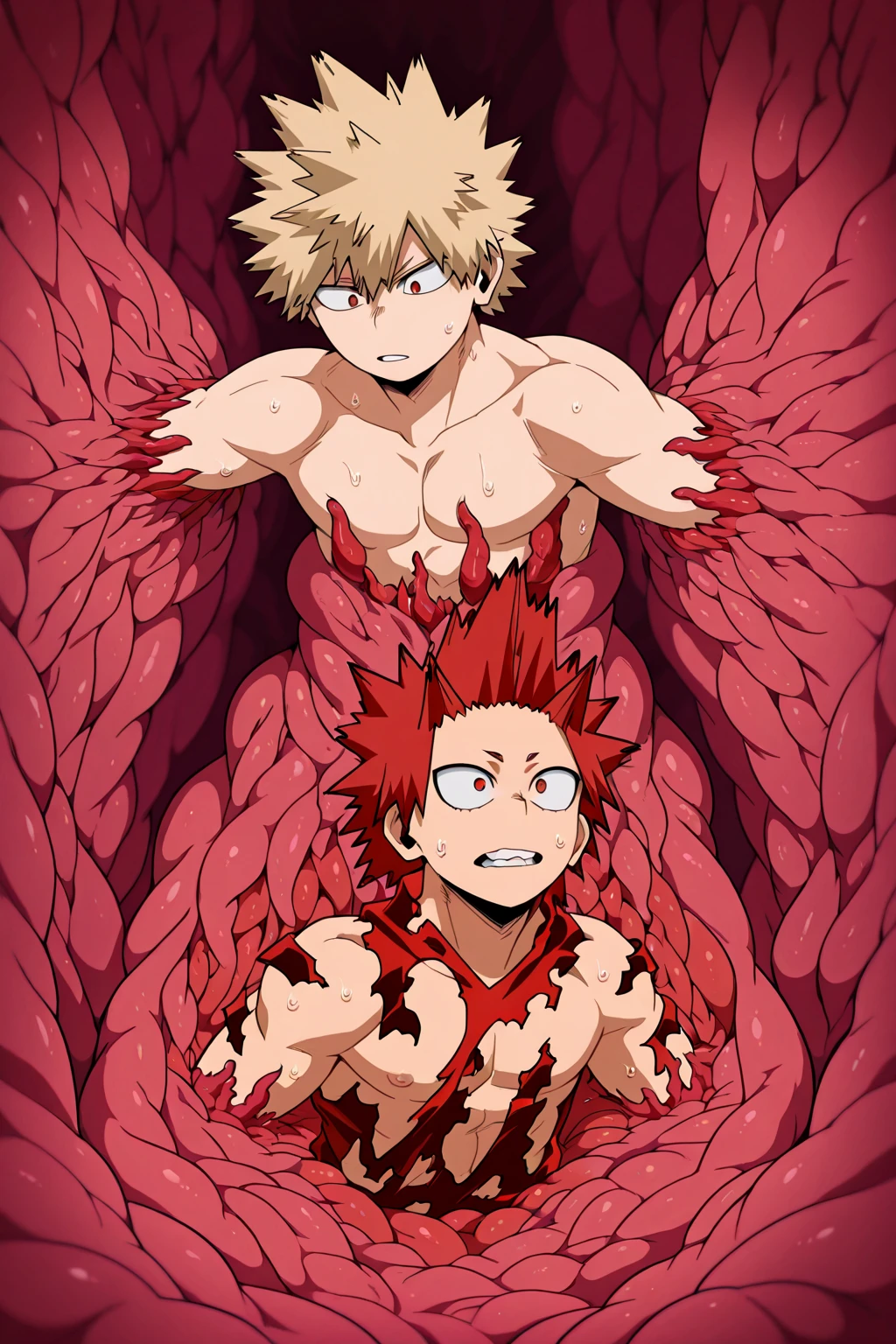 2boys, full body, male focus, muscular male, best quality, amazing quality, best aesthetic, absurdres, in a dark basement, gay couple, official style, year 2023, game cg, looking at viewer, happy, looking at viewer, together on picture, yaoi, gay couple, emphasizing the extraordinary size of pregnant belly, boyslove, (bakugou katsuki), Eijiro Kirishima red riot, boku no hero academia, groping from behind, nipples, wearing black underwear, grin.