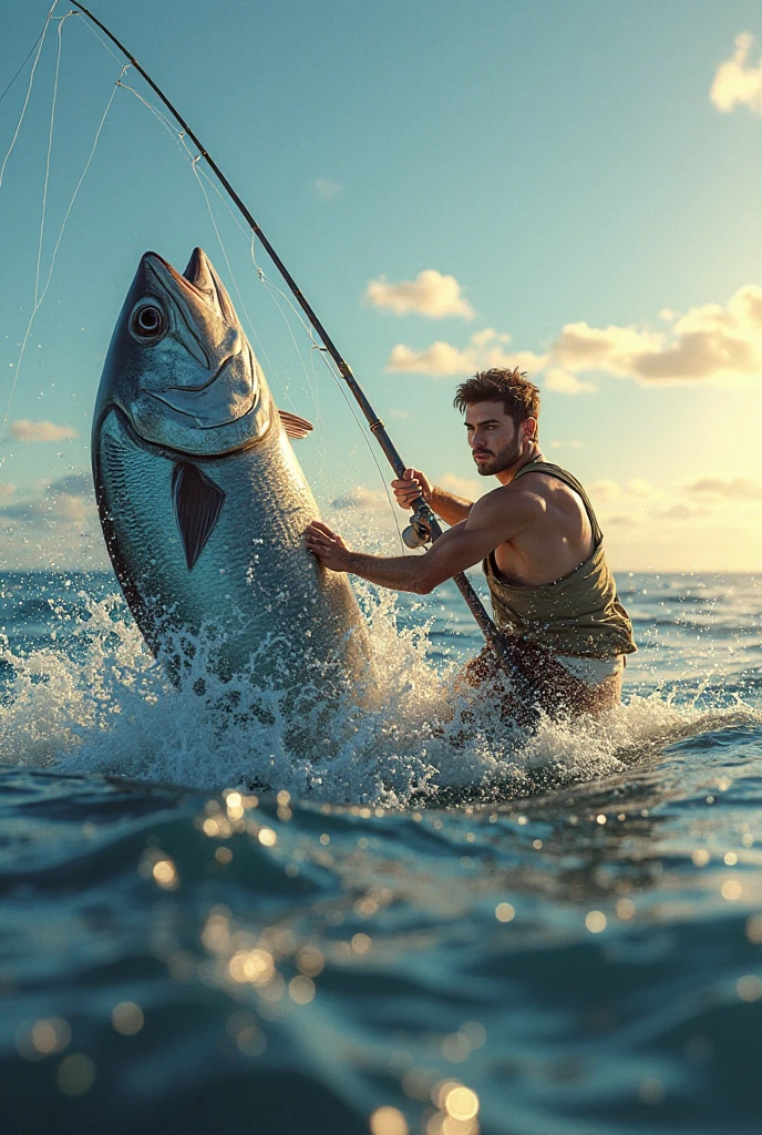 Fisherman clipart without clothes half way in the water, stands in water and water is to his chest, and fishing. The fisherman stands 90 degree on teh side and non facing to camera. The water is very clear can see everything. The water is high to his chest. His shoulder is under the water and one fish is coming to his shoulder under the water.
