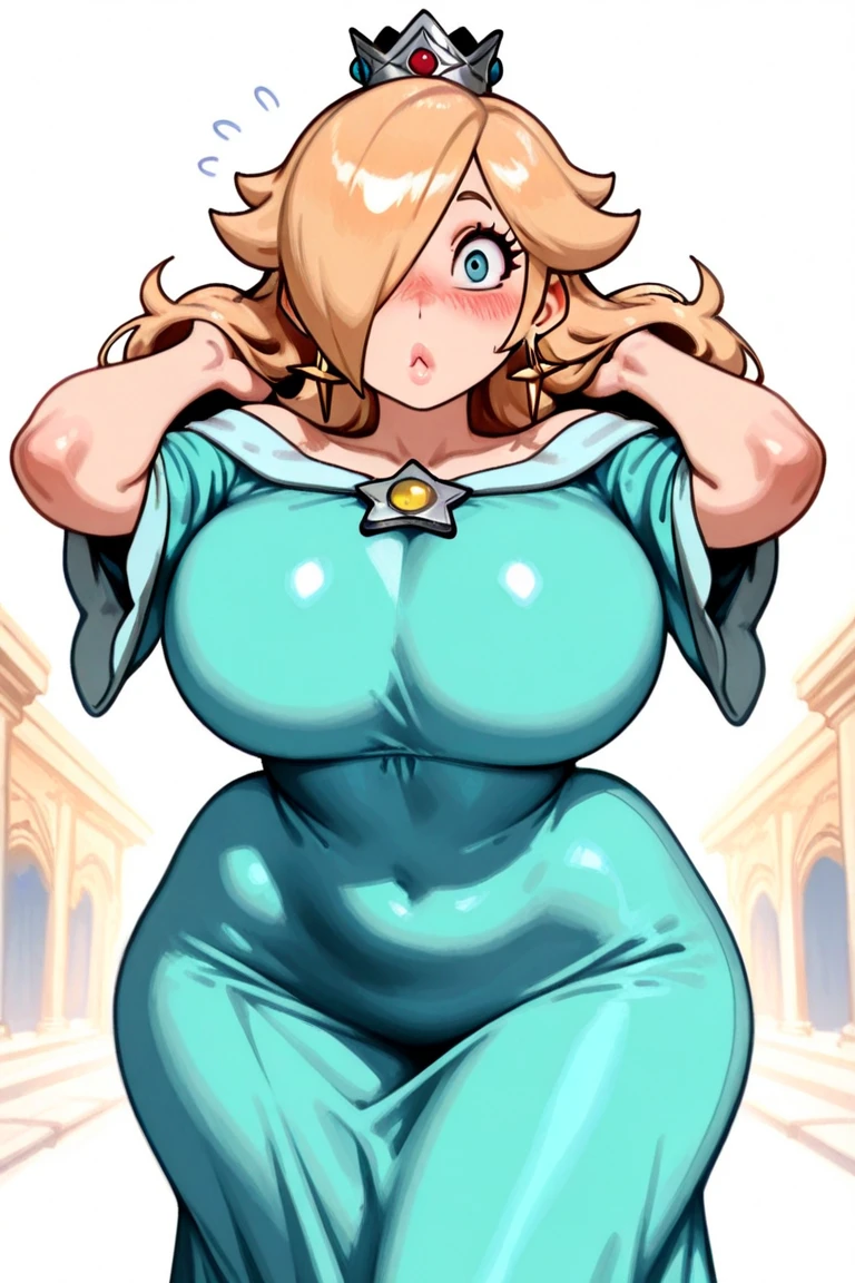 whole body to see, Open mouth, excited, moans, Bob cut hair, very wide hips, very huge thighs, big thighs, blue mini bikini, freckles, Blonde, glasses, platform heels, fullbody, School skirt, front pose, standing, blue eyes,