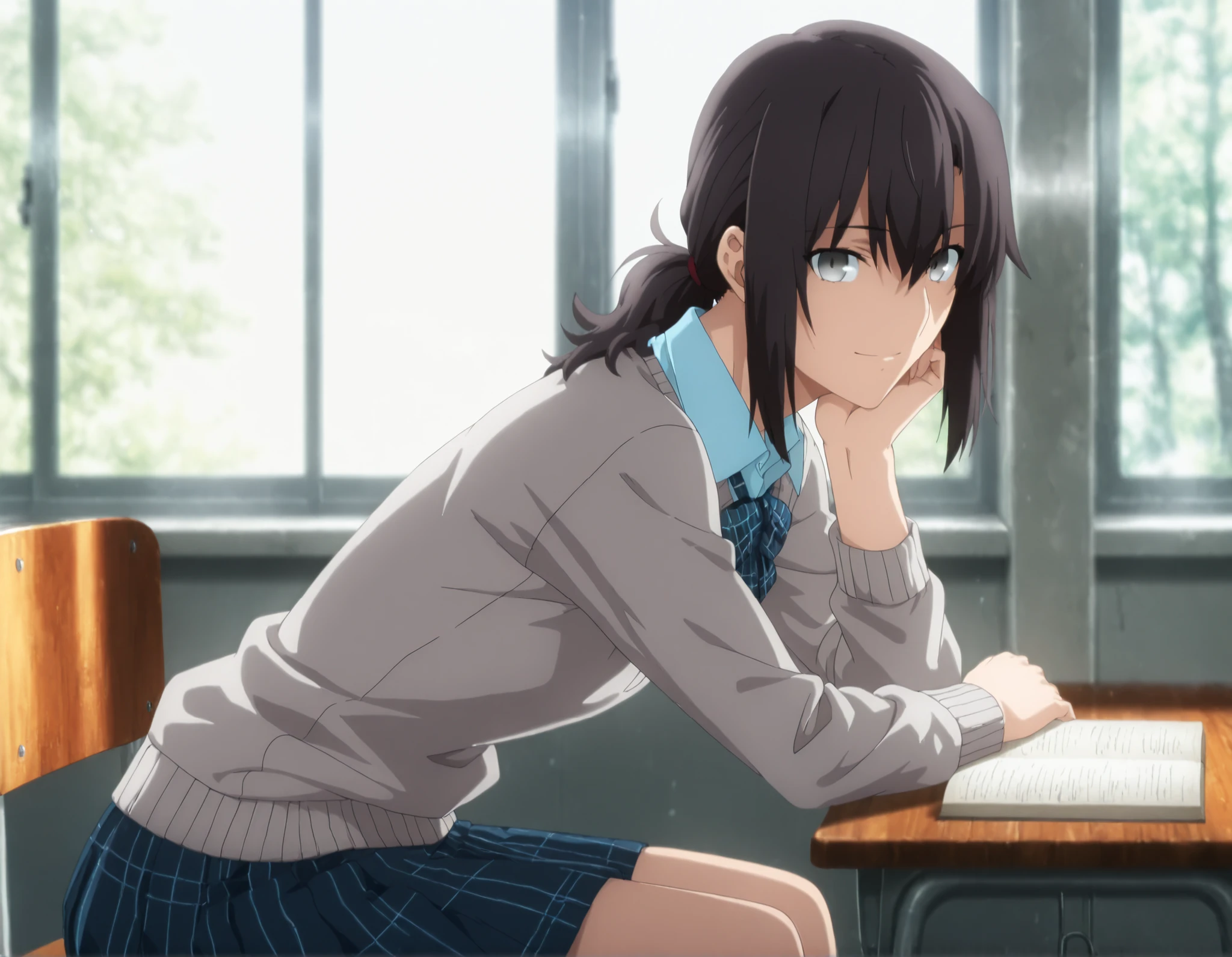 masterpiece, best quality, amazing quality, highres, absurdres, very aesthetic, high resolution, ultra detailed, perfect details, day, , indoors, ufotable style, school, (dappled sunlight), backlight, from side, cowboy shot, window,
1girl, solo, ufotable style, anime style, (anime coloring), (anime screencap) ,(aged up:1.5), sitting on chair , book, bent over,
girl, slim body, slender body, ,Fate Grand Order, fate, Fate Grand Order, (ToukoAozaki), medium hair, (straight hair, low ponytail), light gray eyes, black hair, light skin, very light blue shirt, (dark gray sweater), plaid neck bow ,long pleated skirt,(flat chest), looking at viewer, , very light skin, light smile,