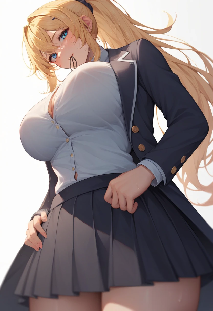 masterpiece, best quality, very aesthetic, absurdres, 1girl, mature_lady, 1girl, thighhighs,one thighhigh is white, another thighhigh is black, white stocking, black stocking, covered_bra,pink_bras, pleated skirt, shirt tucked in, tented shirt,bow, wet_clothes,raining,waterdrop,,darkness_(konosuba), kono_subarashii_sekai_ni_shukufuku_wo!, 1girl, long_hair, ponytail, blonde_hair, x_hair_ornament, braid, blue_eyes,,in a church,cathedral,blur background,background defocus