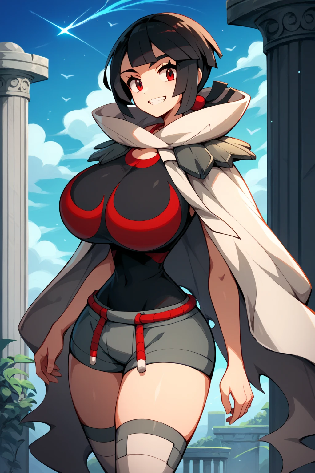 Girl, red dress, short brown hair, big breasts, short skirt, the lady in red, the robe, robe covering her head, dark blue eyes, red cheeks