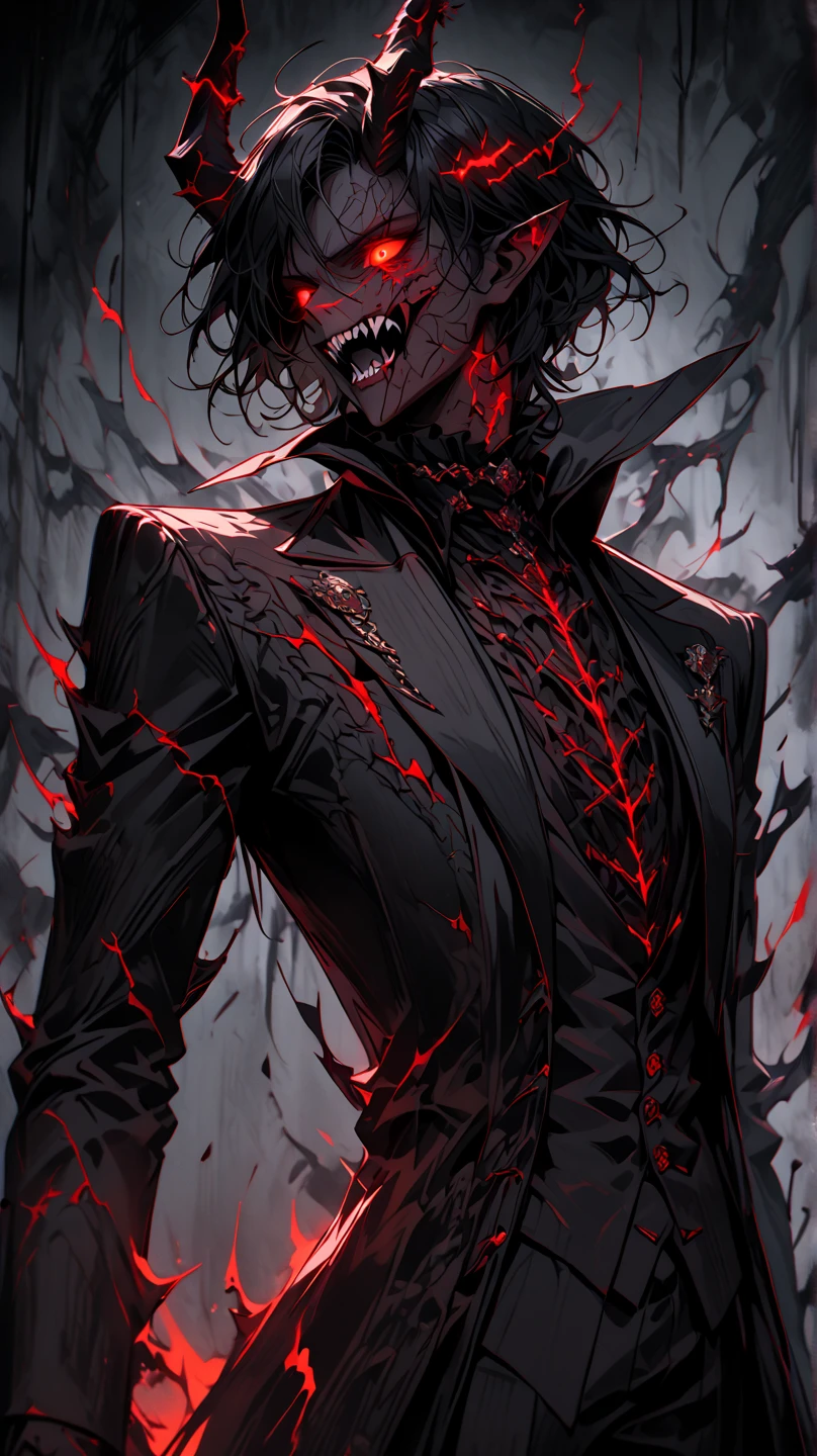 1 boy, 16 years old, venom symbiote body, piercing red eyes, black hair, intricate detailed face, sharp teeth, dramatic lighting, dark fantasy style, cinematic composition, moody atmosphere, digital art