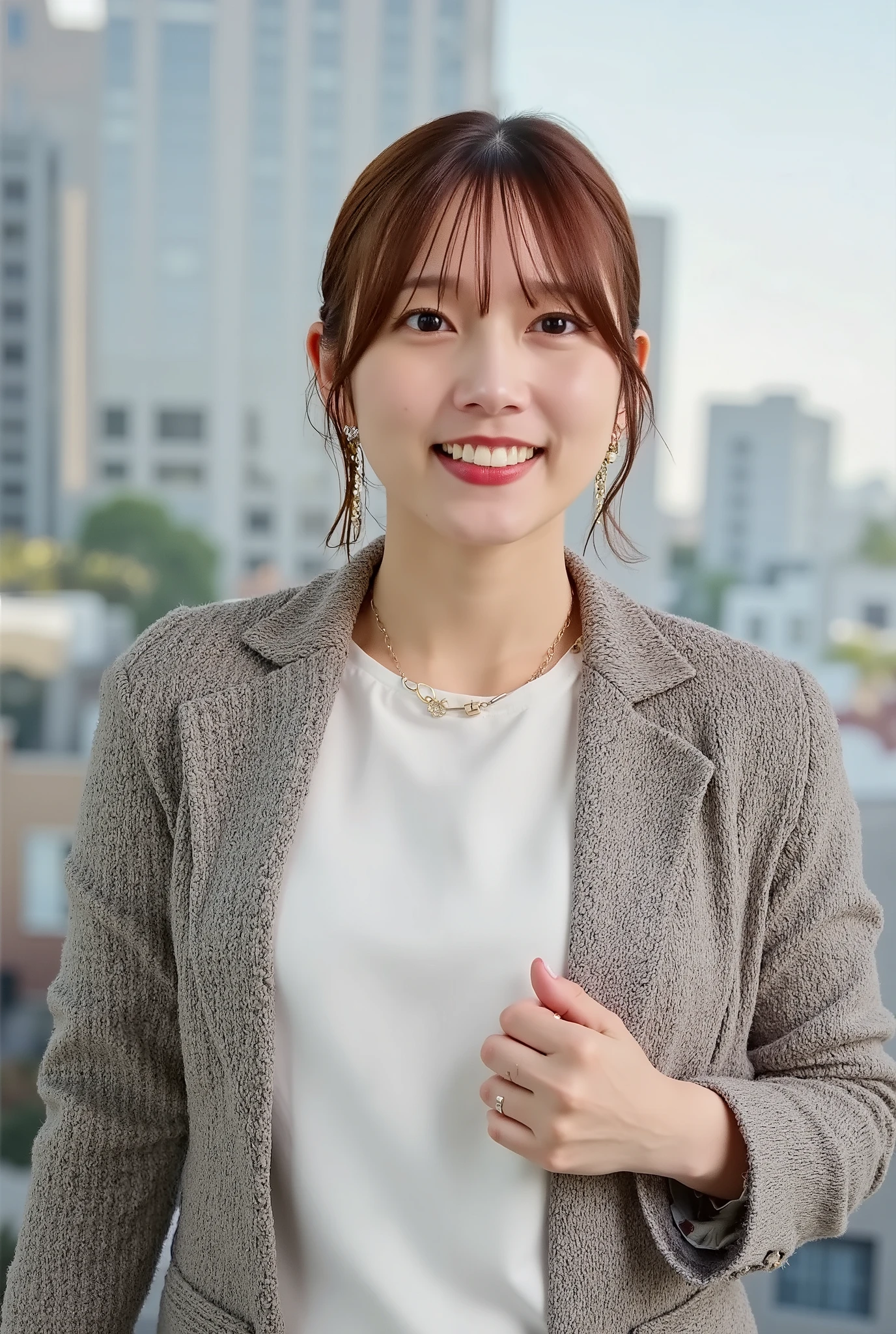 Neat Young Woman、and look at the camera、office lady suit、jacket、shirt、necklace、ear piercing、、、smile showing teeth、背景はオフィス