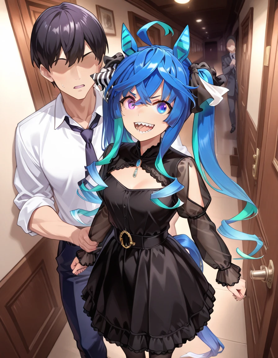 (masterpiece、top-quality、hight resolution), Create an image of a man being led by a prostitute through a hallway in a brothel. The man’s face should not be shown, and his clothing should be plain and unremarkable. The prostitute should be dressed in typical revealing attire, characteristic of her profession. The setting is a dimly lit hallway inside a brothel, with the prostitute holding the man’s arm as they walk. The prostitute should have a sly, smirking expression on her face, while the man's body language should convey hesitation and indecisiveness. Twin_Turbo_Umamusume, aqua hair, twintails, heterochromia, purple eyes, blue eyes, sharp teeth,hores tails, nsfw, 1faceless male, grin