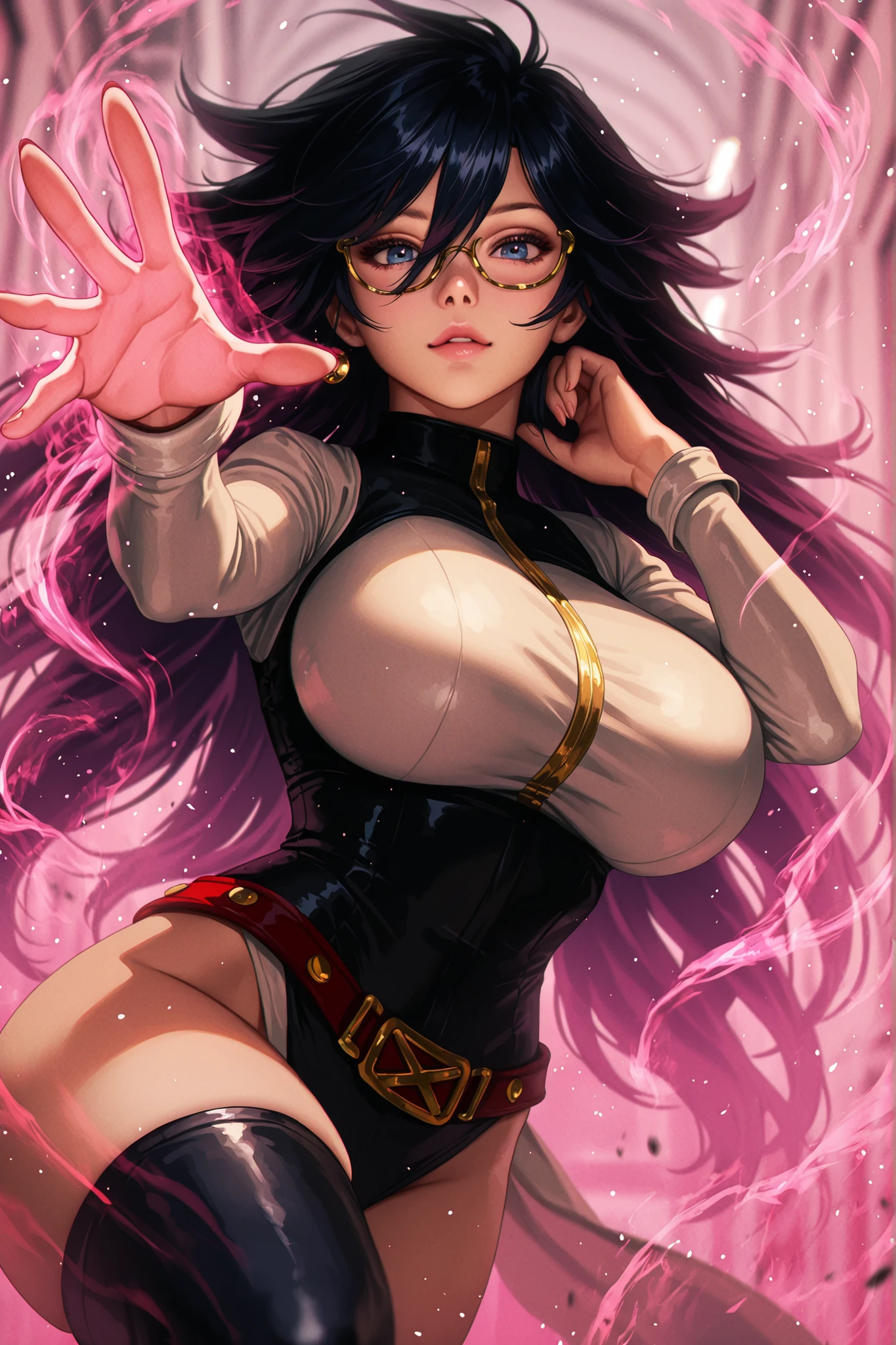 hyper-detailed , anime-style, blurred background, depth of field, ultra-realistic, cinematic lighting, floating aura around body, halation effect, mana particle floating all around bod