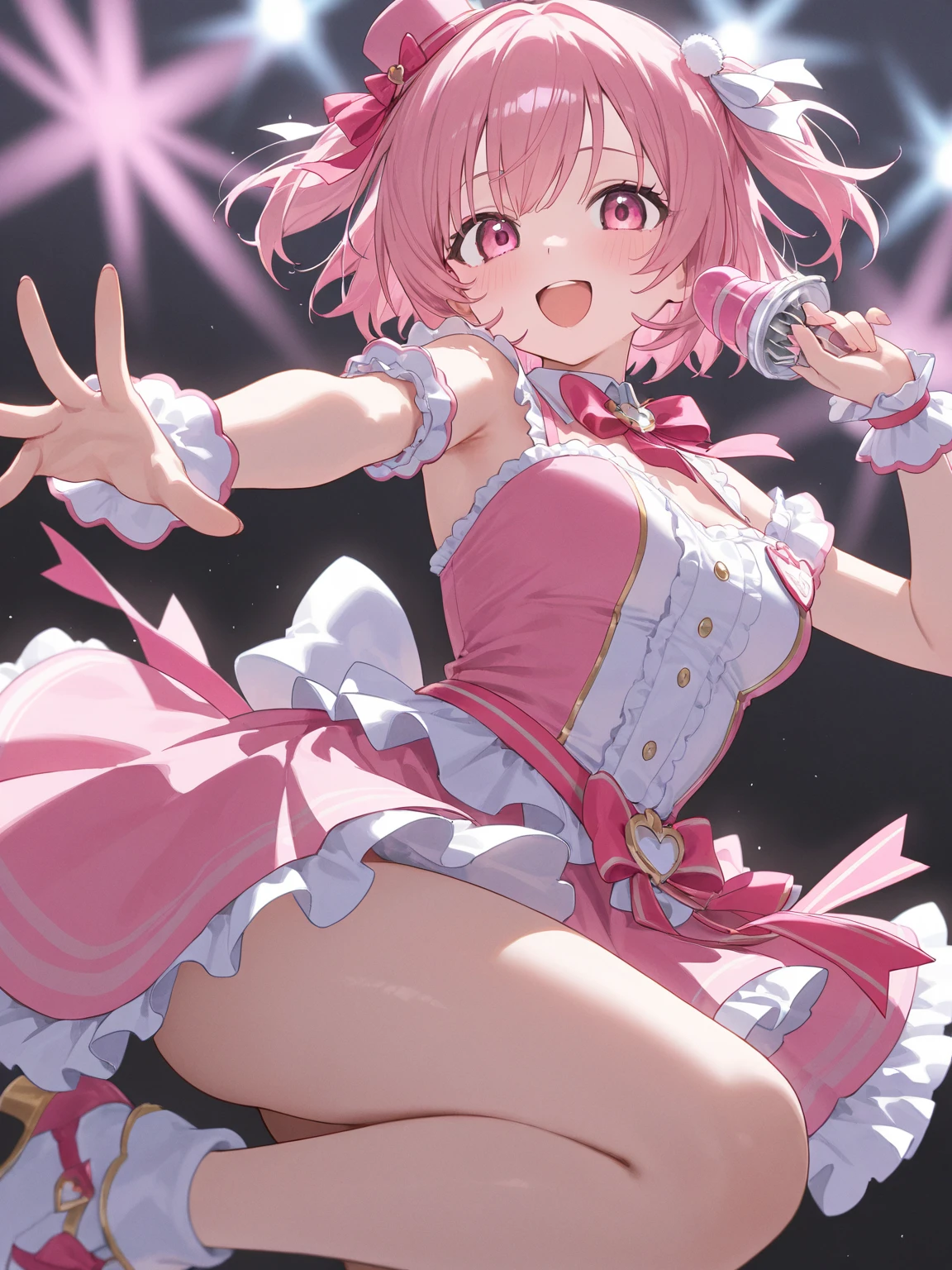 (Perfect body),Best Quality,16 K,(Lori)、((blush)),(Short hair), (((Orange Eyes))),thick thight,((((Pink hair)))),Standing,Sweat,flabbergasted,(((small tits))),(((front-facing view)))),cowboys_shots,((((Wavy Hair)))),Ahoge,hair clips,(((Yellow sleeveless_frill shirt))),(((Pink ruffled mini skirt))),(((Light blue striped panties))),(white knee-socks),(whitegloves),((Panchira)),Big ass,flat chest、blush、is standing,Looking at Viewer,((( short in stature))),((Smile)),(headset on head),(Left arm up),((((Wink)))),((Singing)),((Dynamic Pose)),Idol,((holding microphone)),((1girl in))
