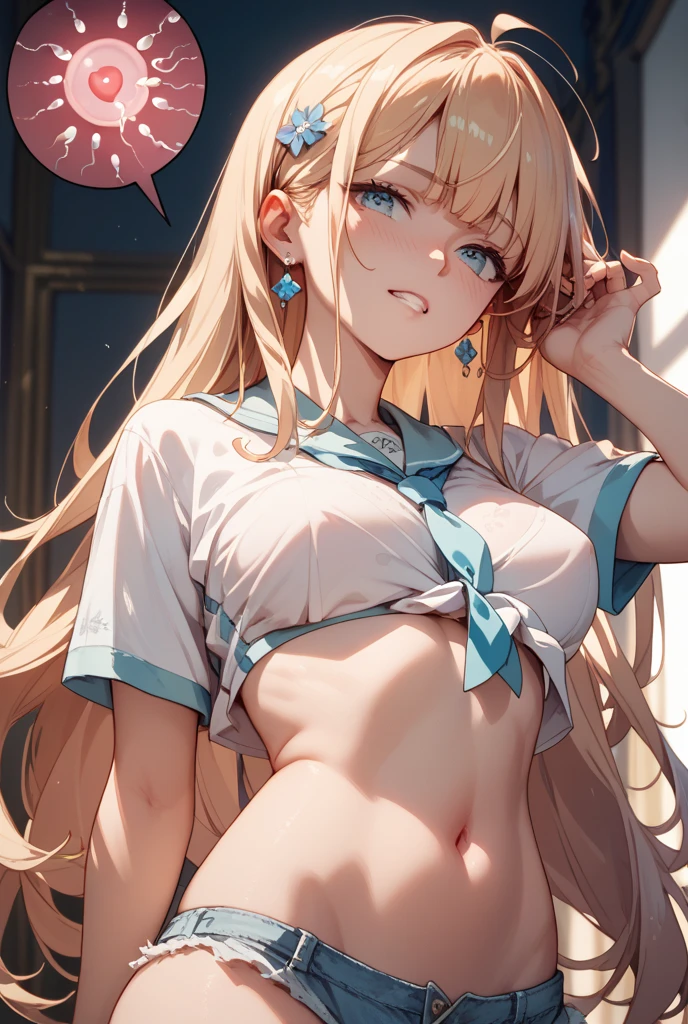 Generate an image of Honami Mochizuki from Project Sekai. She is a high school student with long, straight hair in a blonde color.,with a slight curl. Her side hair is shorter and also slightly curled. She has straight-cut bangs, that frame her forehead. Often, has big, gentle red eyes and a warm, friendly expression. blunt bangs,nsfw,steam,small breasts,sweat,1girl,Gradient with pink tips,close to viewer,full body,gray skirt,navy highsox,Selfie,from below,show off nipple,top less