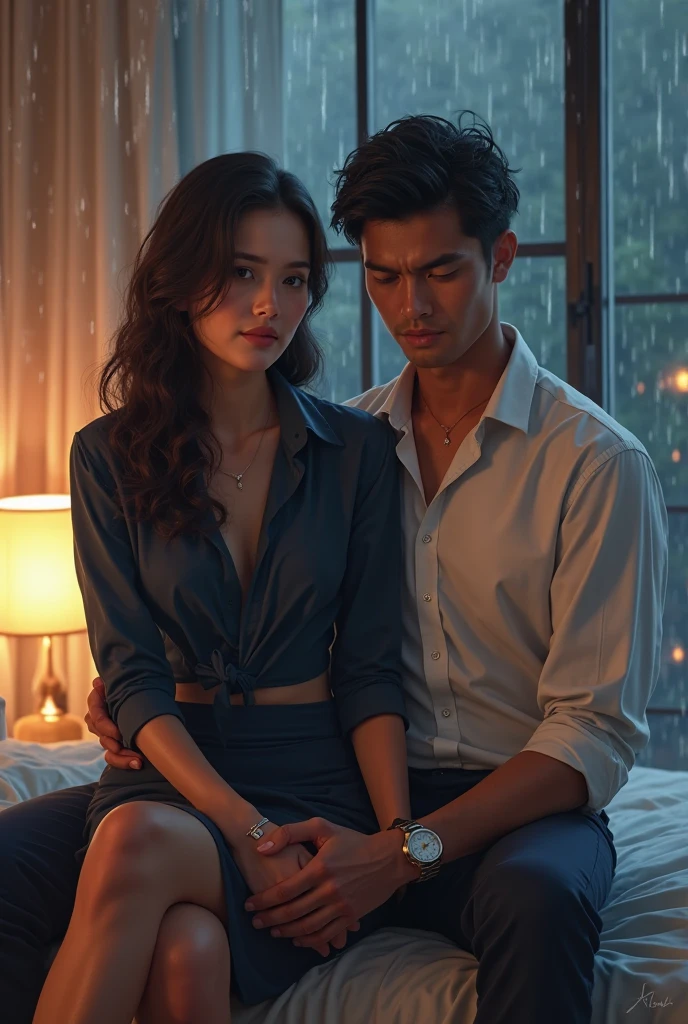 8k, masterpiece, (photorealistic:1.3), artistic portrait of a couple, (2 people:1.5), ((1 skinny man) with t-shirt) and ((1 woman) with huge boobs in wet shirt), a man enjoying a woman's breast, man's hand on her boobs, sitting together, (wide angle shot:1.5), exposed her saggy boobs, they exposed body, japanese, natural colors, warm and romantic atmosphere, on the bench in the middle of big city, cool and blue background, love)y ambient, dramatic romantic movie,