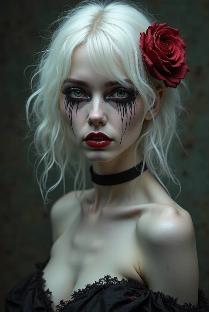 A 21 year old girl with big vampire breasts with white eyes and hair, with a black dress and a black bow in the back of her hair