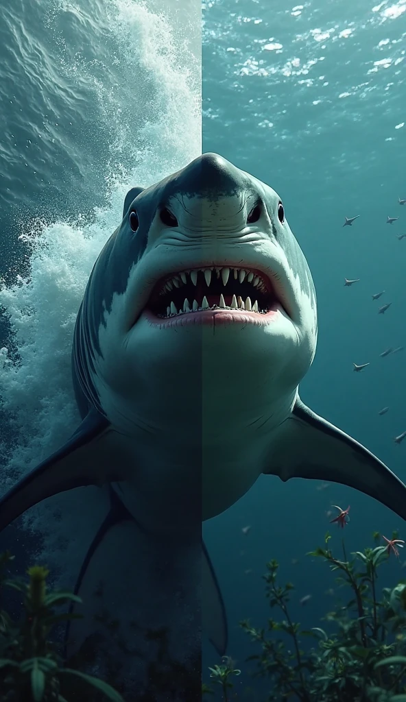 Big white shark inside the dark sea
