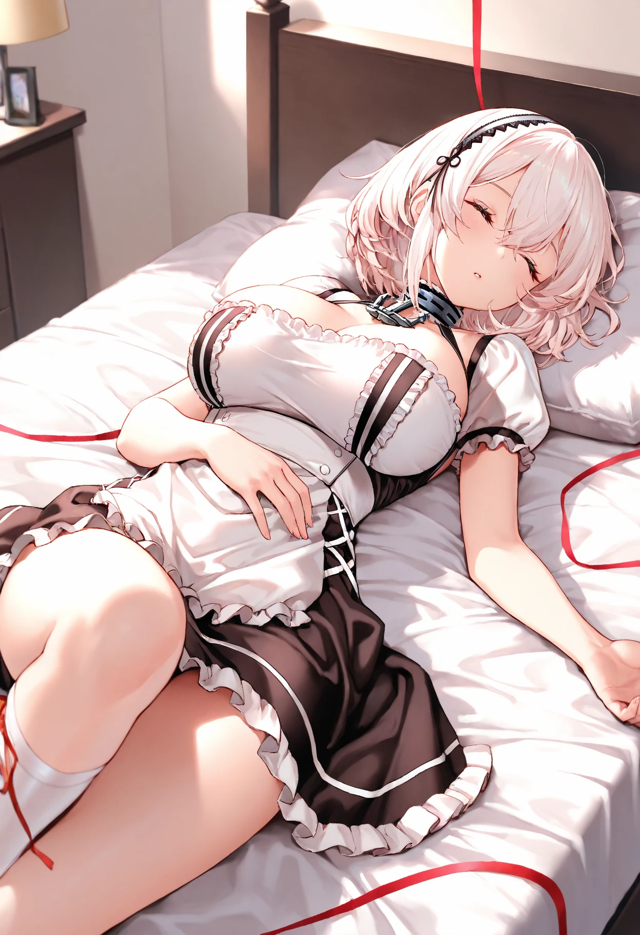 White Hair Girl、Pink Eyes、Short Hair、Only one girl、Night、In the bedroom、Blushing、laughing、Excited、Just One