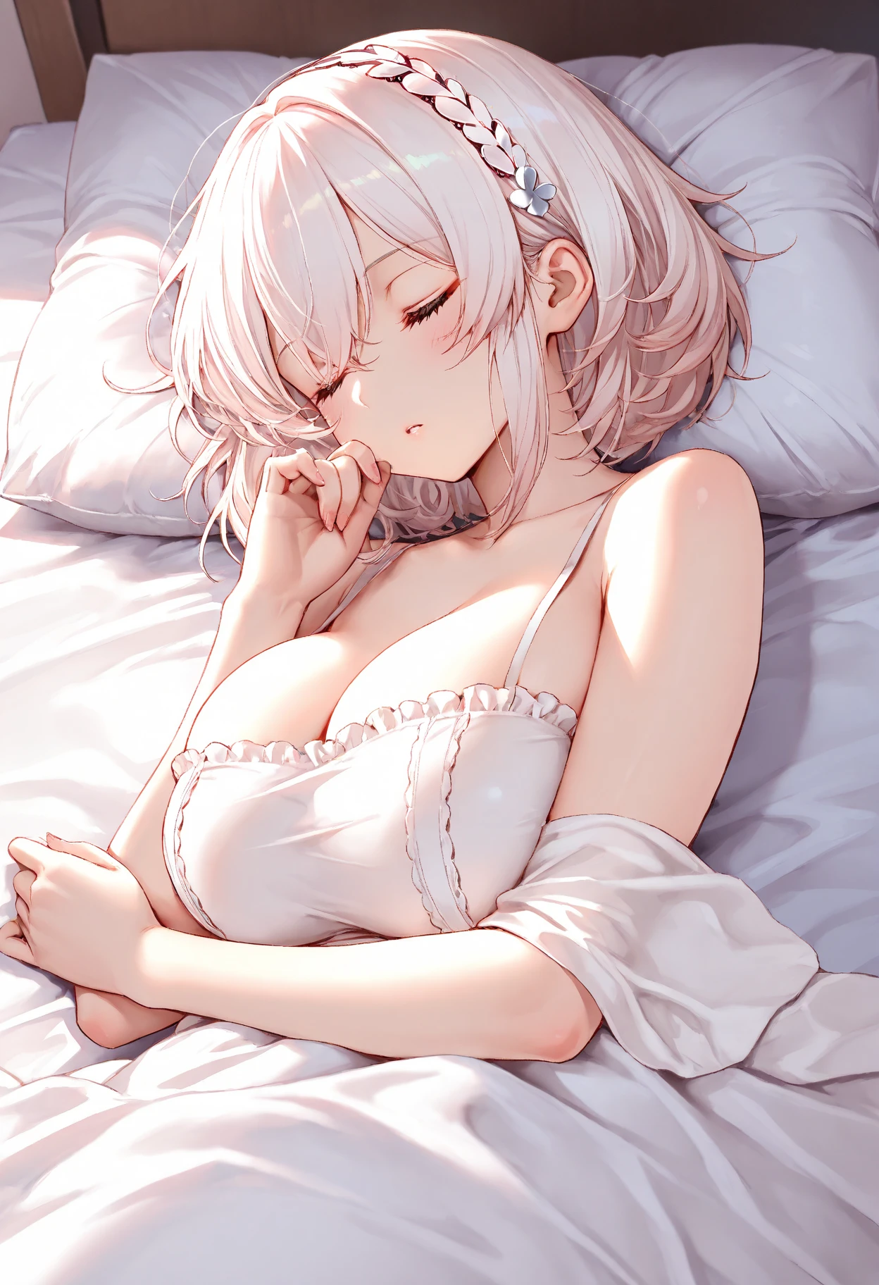 score_9, score_8_superior, score_7_superior, score_6_superior,cute anime women with big eyes and big tails laying on the bed, 1girl, breasts, animal ears, solo, closed eyes, long hair, cleavage, cat ears, pink nails, open mouth, off shoulder, animal ear fluff