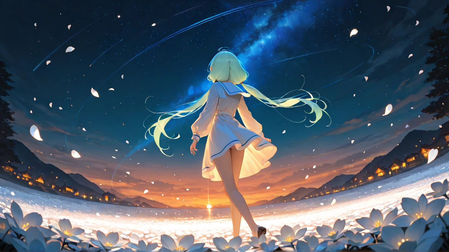 JK,Flowing Hair,Beautiful sky, Beautiful Clouds, summer,Colorful flowers, (Transparent bubbles sparkle in the sky), masterpiece,High resolution,Wide-angle lens,longeyelashes, solid circle eyes, silver hair, half-closed eyes, sad, drop shadow, anaglyph, stereogram, tachi-e, ass pov, atmospheric perspective, wide shot, glowing light, glowing light, reflection light, 8K, super detail, best quality, anatomically correct