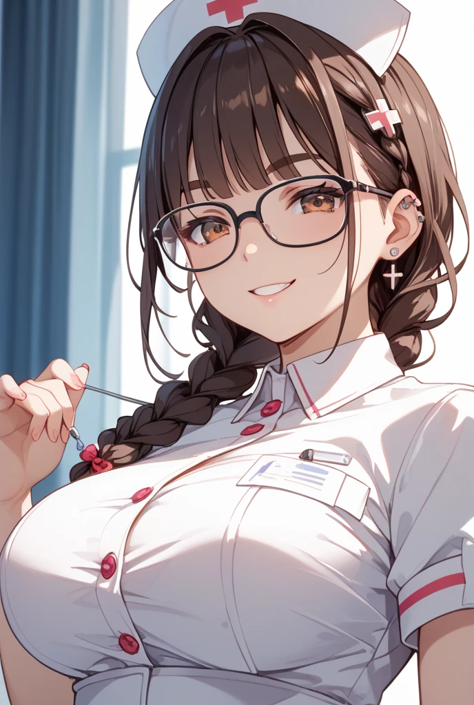 NSFW、1 Female、Brown hair、Brown Eyes、Best Quality、Super detailed、8 Resolution、Raw photo、Mastepiece、Perfect Body、high resolution、Highest quality、Detailed drawing、Vibrant colors、lure、Long Hair、Black-rimmed glasses、Captivating breasts、Big Breasts、Hospital room、Nurse uniform、smile