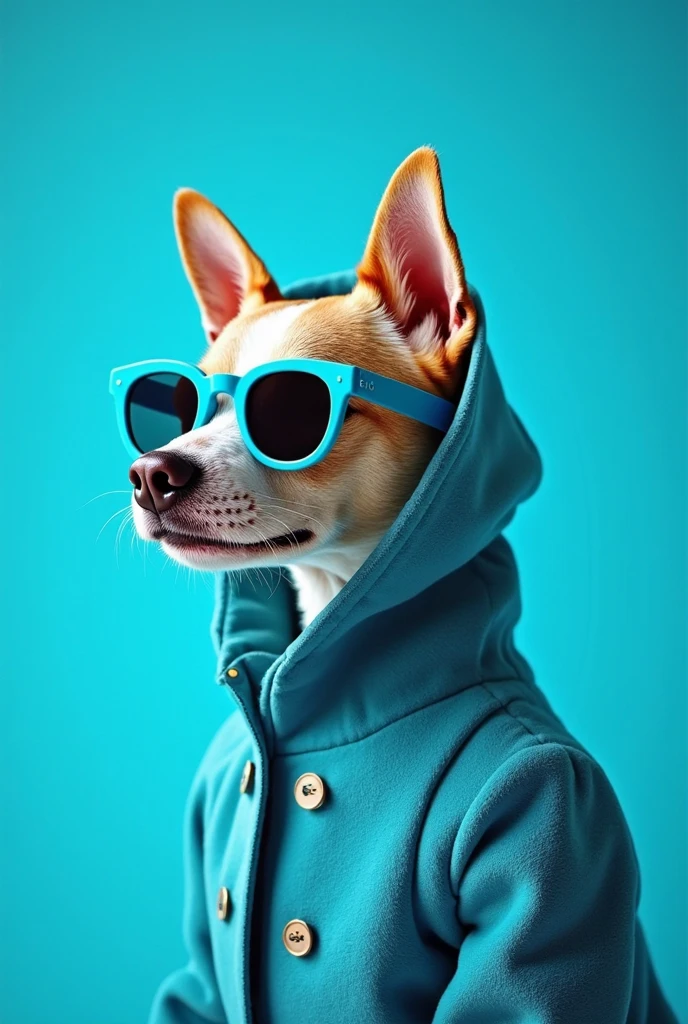 The best cell phone wallpaper, Award-Winning Wallpaper, portrait photography, In the front view is a portrait of a cute dog wearing mid-1960s space age fashion, Side view photo, Shot with Canon EOS R5, Set a strong contrast that accentuates the subject, Fluorescent blue tone, Wearing a very modern coat and sunglasses is a modern 1960s style, Clothes all in one color, beautiful background