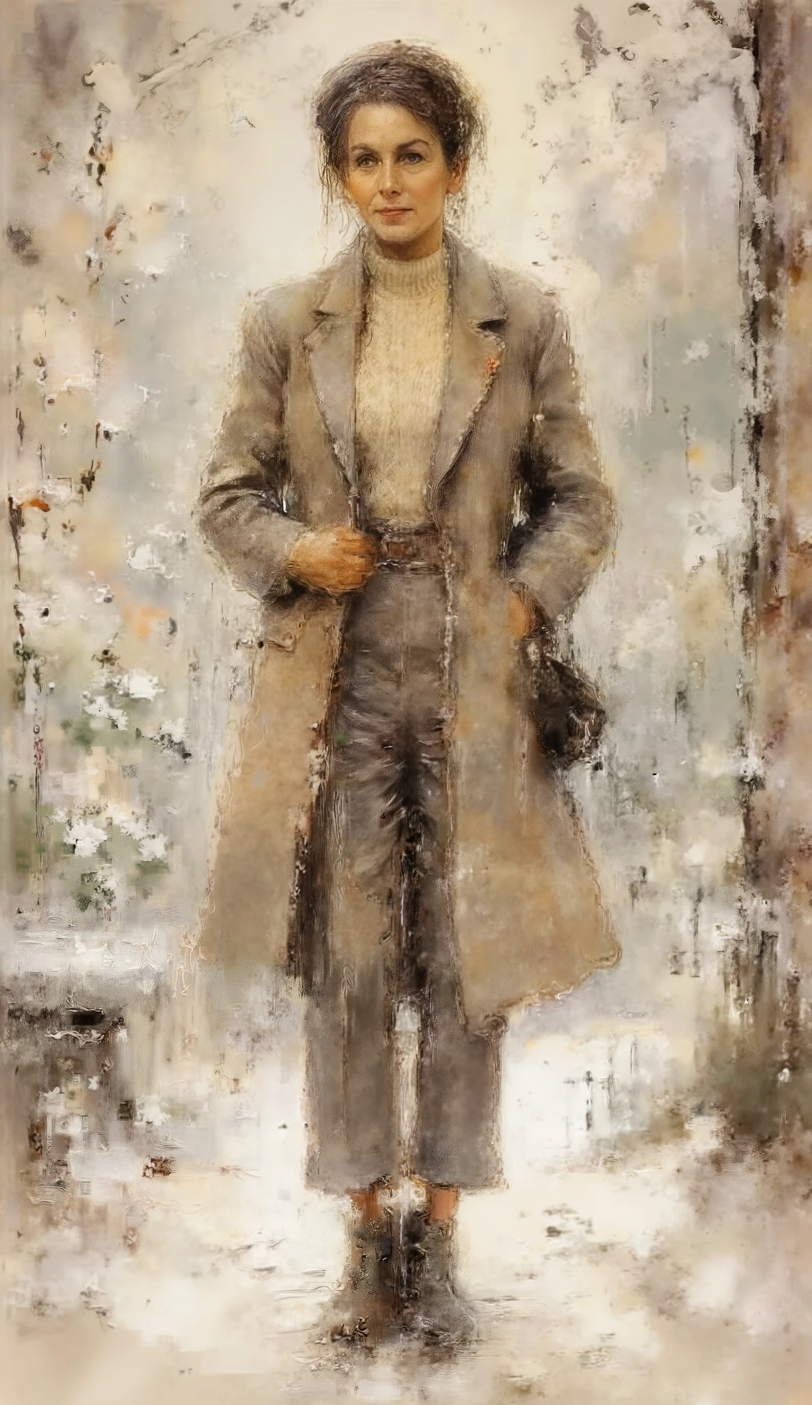 A highly detailed full-body fashion illustration of an older woman around 80s age standing gracefully in a snow-dusted garden. She is dressed in a luxurious cashmere coat in soft dove gray, belted at the waist, layered over a warm turtleneck sweater in cream and wide-leg trousers in charcoal. She wears sleek leather boots, a wool scarf with subtle floral embroidery, and leather gloves. Her beret matches the coat, and she carries a small structured handbag. The serene garden setting includes frosted roses, a stone bench, and the golden glow of the early morning sun.