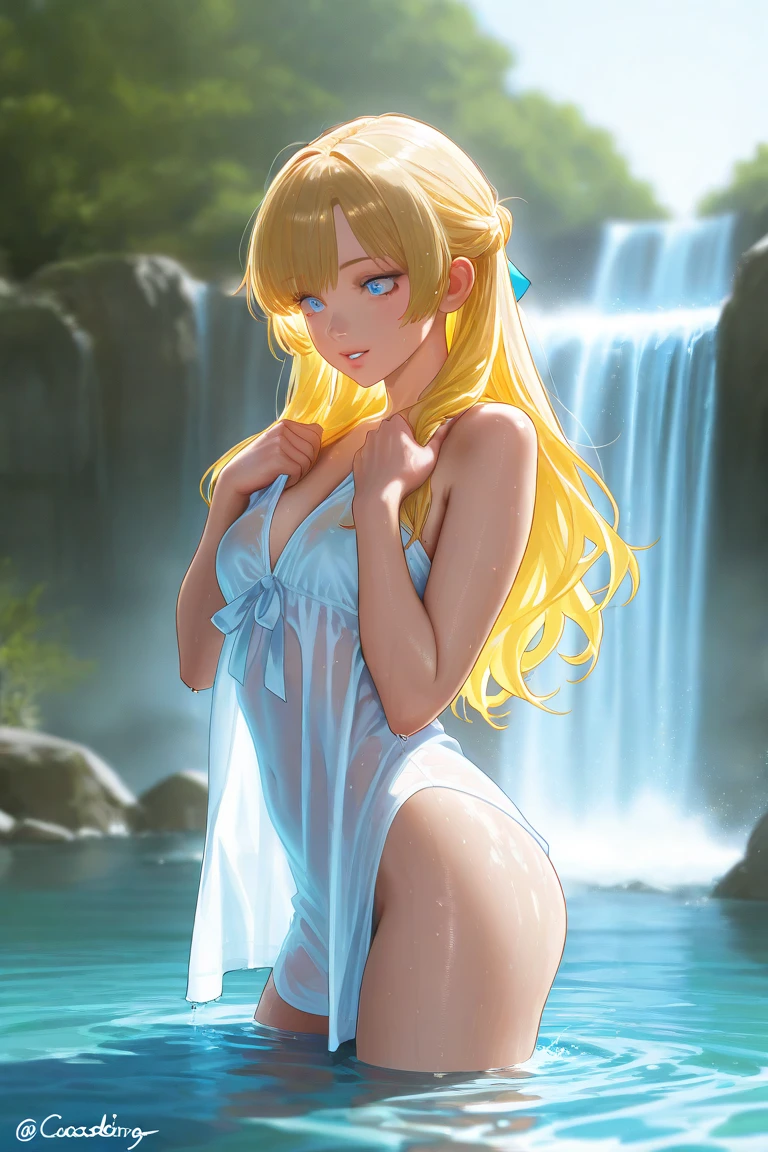 Create a hyper-realistic image of a young woman, positioned elegantly in front of a single, grand fountain. Her hair golden blonde, cascading in soft waves down her back, shimmering under the ambient light. Her eyes, a deep and vibrant blue, reflect the serene setting. Ensure her skin fair, with a smooth, almost porcelain quality, capturing subtle nuances in texture and tone. Her lips are a gentle pink, complementing her calm yet alluring expression. She's dressed in a chic, understated outfit, perhaps a light sundress or a stylish casual ensemble, that blends well with the sophisticated atmosphere of the fountain area. The fountain behind her a majestic centerpiece, with water gently cascading down its tiers. The surrounding area peaceful, with soft lighting that accentuates her features and the water's sparkle. Focus on the precision of her golden blonde hair and the lifelike detailing of her facial features, especially the clarity of her eyes and the natural curve of her lips, to capture a moment of elegance and poise. The overall image should resemble a high-end editorial photograph in quality and composition.