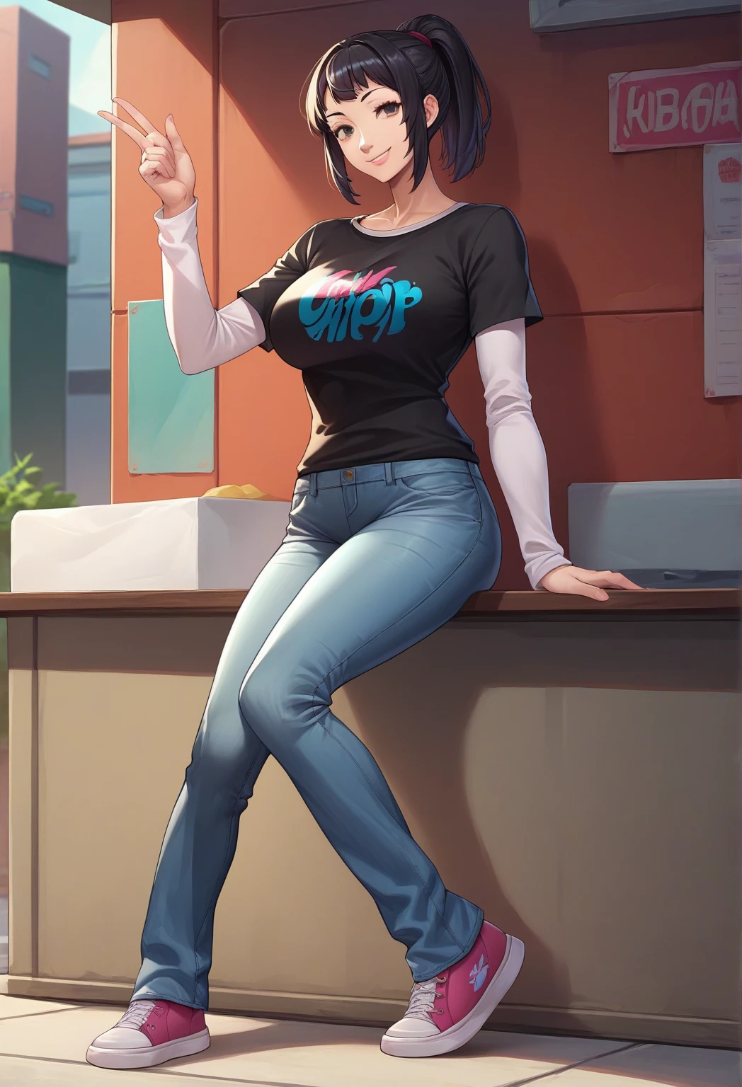 best quality, (masterpiece),(ultra-detailed), (high quality), (high resolution), (2heads:1.5) pink hair, black hair color, (larger breasts), (blue eyes ), cleavage, full body,best quality:1.5, highres, UHD, 4K), smiling, ((black tank top)), ((wearing blue jeans)), ((full body)), green eyes (mature woman), casual dress, sexy proportions,, thighs, Beautiful girl with accentuated slender abs