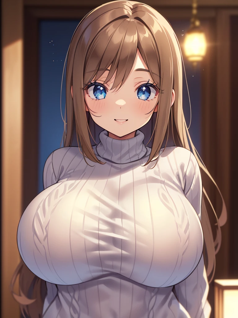 1 adult female、35-year-old woman、Huge breasts:1.5、sagging breast:1.5、Brown Hair、Light red eyes、Wavy Hair、Bobcut、living、milf、off-shoulder sweater、potbelly、Worried brow、smile、mole under eye、Gorgeous Mom、Black tight skirt