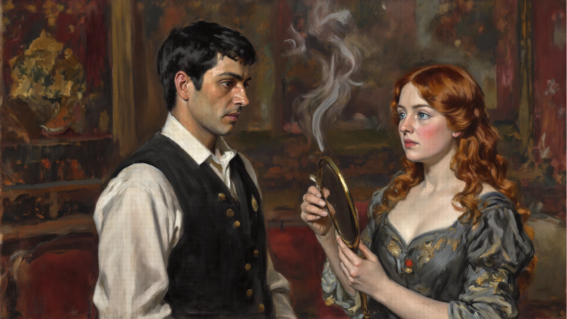 there is a painting of a man and a woman in a dark room, inspired by Louis-Léopold Boilly, inspired by Jens Ferdinand Willumsen, inspired by Honoré Daumier, stalin and lenin in bar, inspired by Vasily Perov, inspired by Odd Nerdrum, inspired by Théophile Steinlen, inspired by Hugo Simberg