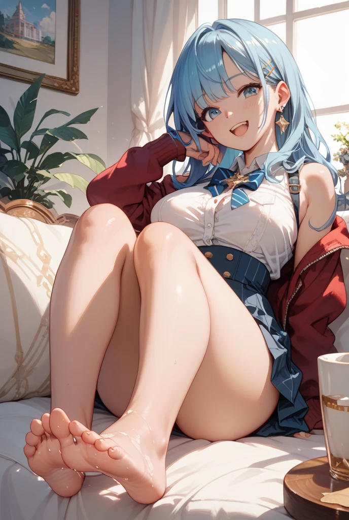Masterpiece, top quality, best quality, official art, red and white, beautiful beauty, realistic, high quality, 4k, rich details, 1girl dominate, beauty, long hair, single ponytail, seductive smile, legs, sweater, sexy, white socks, indoors, room, sky blue hair, blue eyes