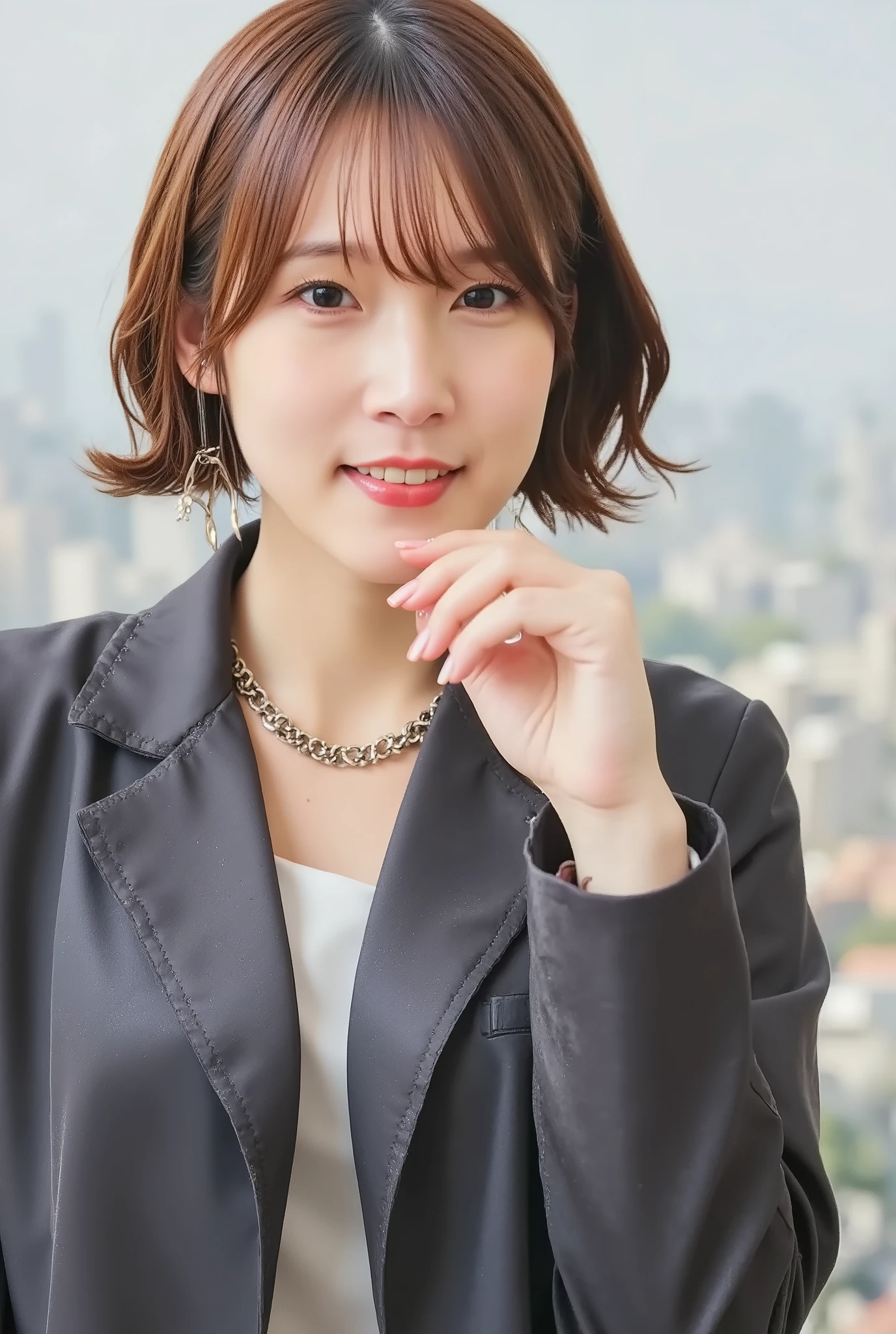 Neat Young Woman、and look at the camera、office lady suit、jacket、shirt、necklace、ear piercing、、黒髪、smile showing teeth、背景はオフィス
