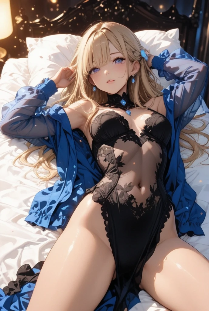 late night bedroom、bedside lamp light、Sexyなルック、Blonde girl in underwear lying on bed、Eyes that invite、laughter、((lying face up in bed))、Reach your audience、outstretched hand, positive、((cowboy shot:1.4))、cleavage、8K, highest quality, masterpiece, lively, real person, unity 8k wallpaper, (1 girl) , beautiful eyes, (delicate face) , perfect details, (best lighting) , (super complex detailed) (Sexy)、 (pretty girl:1.1),(1 girl),(細部までbeautiful eyeasterpiece side light、masterpiece、highest quality、detailed、High resolution illustrations),delicate makeup, 、throw、soft focus、(1 girl)(highest qualityのイラスト:1.2), (pretty girl:1.1), (1 girl, alone:1.5), (1 girl、18-year-old、-So、、big breasts:1.5、super detailedな目:1.2)、(big and full breasts:1.1)、((blue eyes))、((Golden brown hair:1.5))、(medium long hair)、break(highest quality、super detailed、very detailed and beautiful、超A high resolution、腕のdetailed:1.2) break(highest quality、super detailed、very detailed and beautiful、超A high resolution、腕のdetailed:1.2)4K integration、(Super detailed CG:1.2)、(8K:1.2)