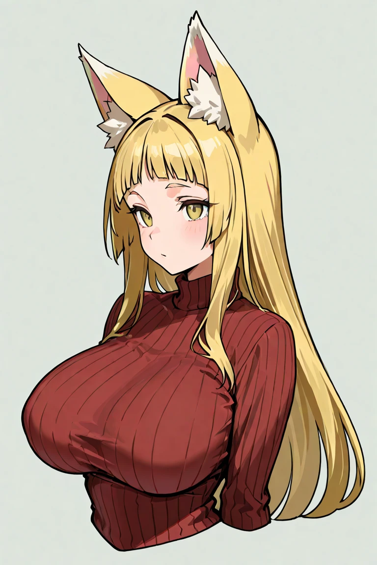 (masterpiece, best quality, absurdres), looking at viewer, bags under eyes, bags_under_eyes, sunken eyes, awake eyes, big wide eyes, dead_eyes, lazy_eye, glowing yellow tail, 1girl, solo, (fluffy_curly_long_hair:1.2), yellow hair, green_eyes, white_pupils, ahoge, frown, white turtleneck sweater, (oversized long sleeves, off the shoulder, black_baggy_pants, sad:1.2), hair_ornament, (ears_down, fox_ears, fox_tail, animal_ears, arms crossed:1.4), yellow_tail, white background, glowing tail, (big breast:1.4), art by kipteitei